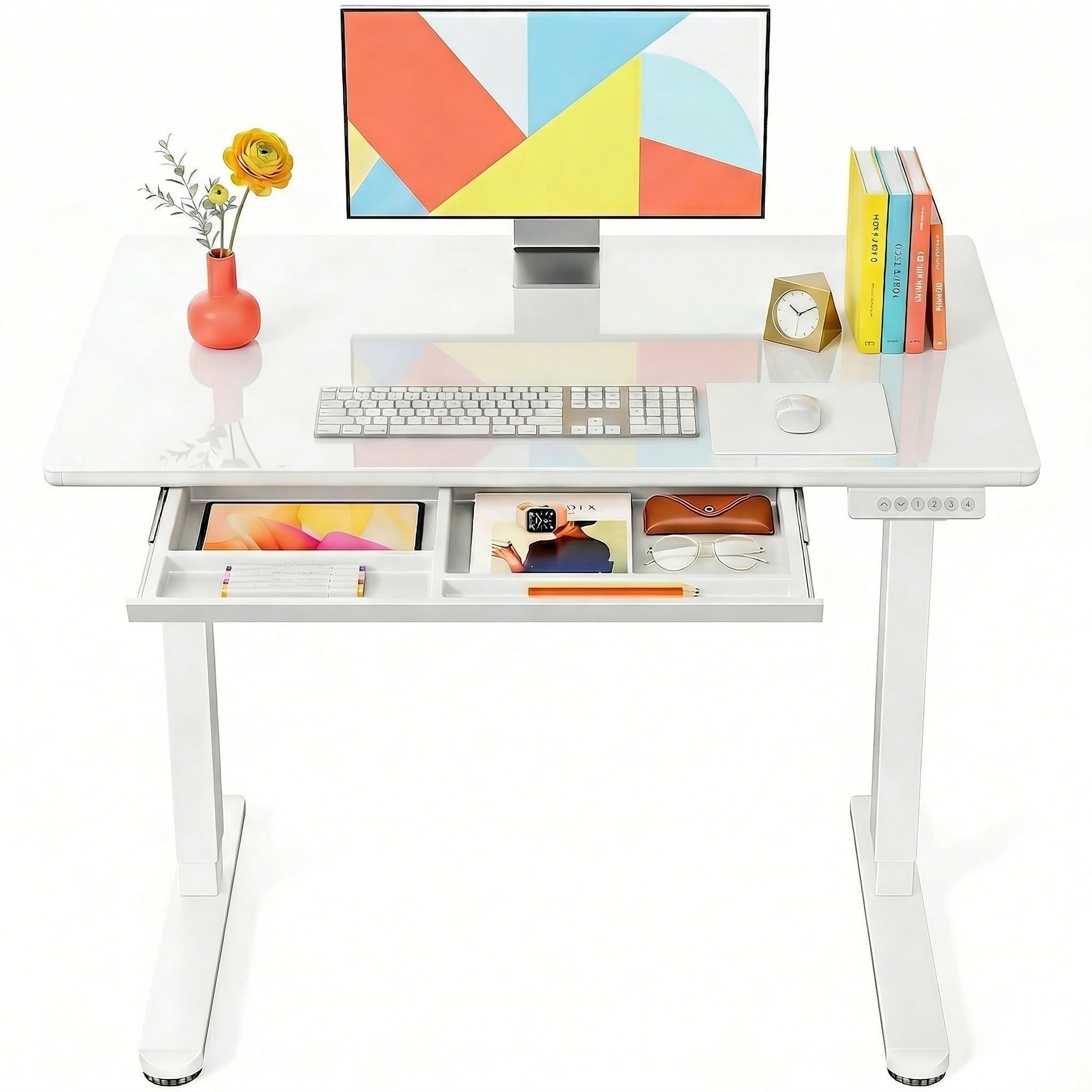 Photo 1 of **SHATTERED GLASS TOP FOR PARTS ONLY**Marsail 40 x 24 inch Glass Standing Desk with 4-Zone Drawer Storage, White