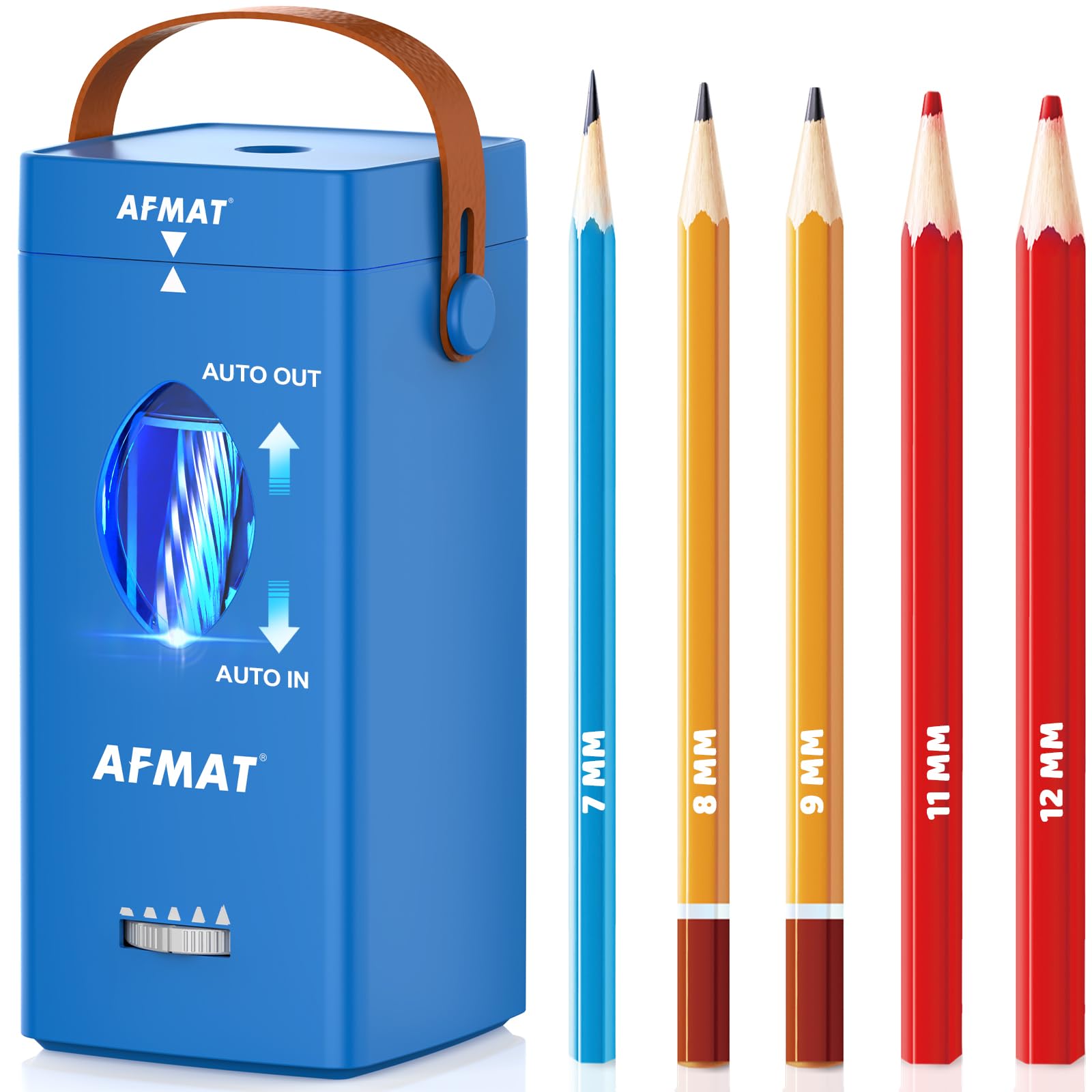 AFMAT Electric Pencil Sharpener, Rechargeable Sharpener with Handle, Auto in & Out, 5 Tip Settings for Large Pencils 6.5-12mm, Super Fast Pencil Sharpeners for Teachers Artists Office, Sky Blue, PSC7