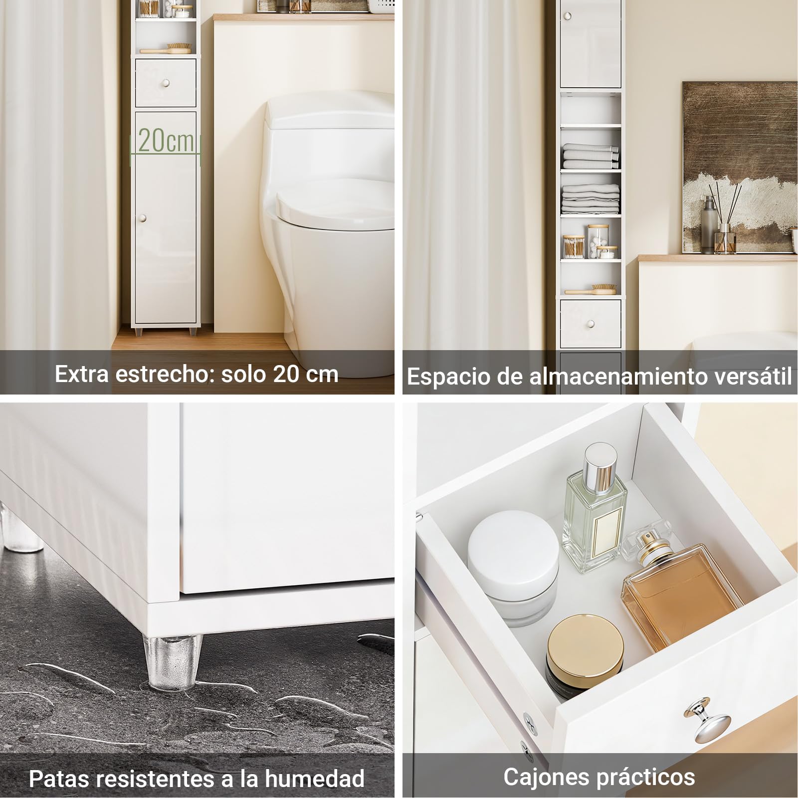 SoBuy Blanco Brillante Mueble Baño Estrecho Armario Columna 20x20x180cm | Estantería de Baño Alta con Cajón y Balda Ajustable Armario Auxiliar BZR167-GW