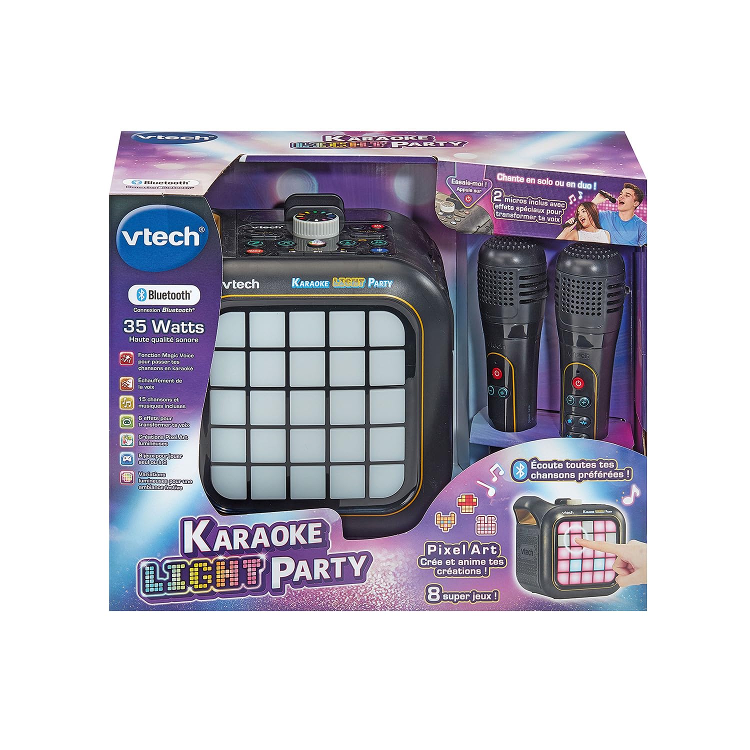VTech Karaoke Light Party Enceinte Bluetooth Lumineuse Pixel Art Kit Karaoké Complet avec 2 Micros sans Fil Modificateur de Voix Jeux