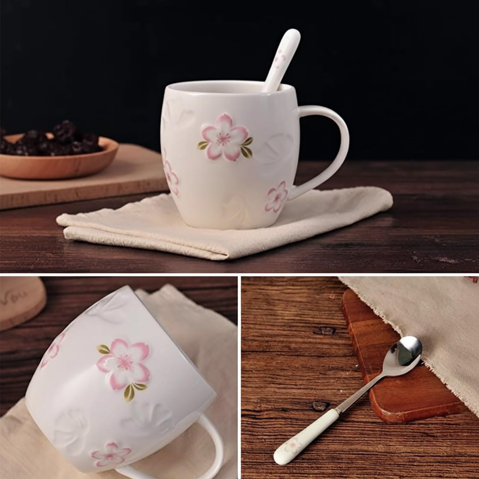 Ceramiczny kubek do kawy i herbaty, łyżka, pokrywka, ręcznie wykonany wzór kwiatu wiśni, kubek dla kobiet, dziewcząt, żony, mamy, babci, 370 ml (biały)