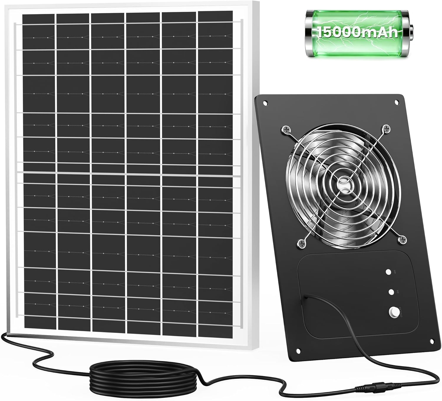 Solar Powered Fan with Battery & Timer, 25W 15000 mAh 3500RPM High-Speed Small Solar Exhaust Fan for Chicken Coop, Greenhouse, Shed, Vent, Pet Houses, Windows, Outside Rainproof
