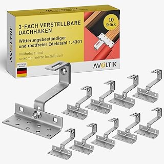 10x Dachhaken (3-fach verstellbar) Photovoltaik Halterung I Dachhalterungen Solarmodule A2 aus rostfreiem Edelstahl 1.4301 I robuste Dachhalterung Balkonkraftwerk zur sicheren Montage