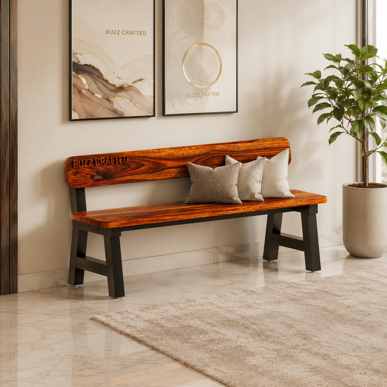 Modern Wooden Bench with Metal Frame – Solid Wood Wood Coffee Center Sofa Tea/Teapoy Console Table for Sofa Set Living Room Home Hall | Heavy Duty Minimalist Seating Bench (Black 2)-image-11