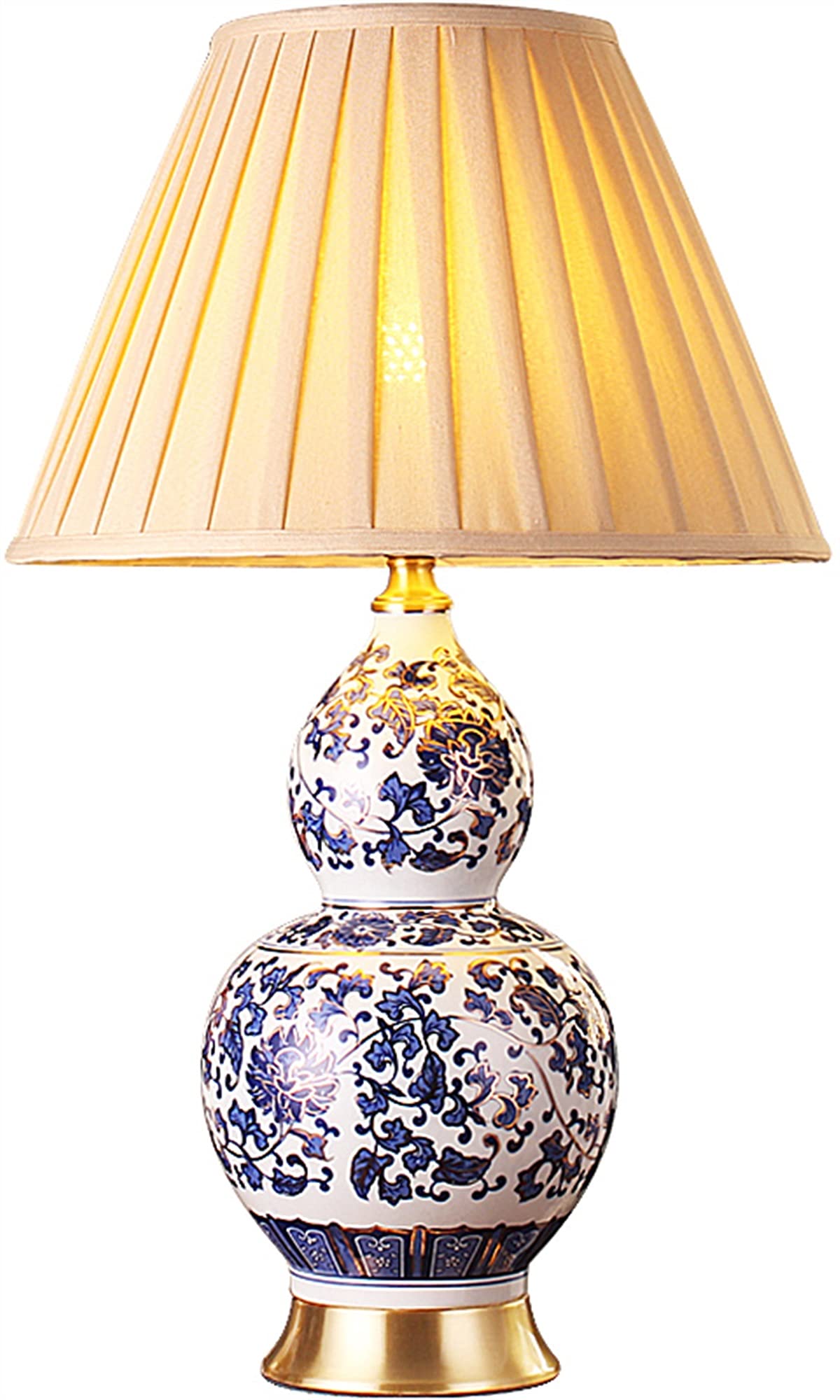 asdchZen Chinese Gourd Ceramic Table Lamp Blue And White Porcelain Table Light Pleated Cloth Lampshade Brushed Brass Base Bedroom Bedside Lamp Living Room Home Decoration