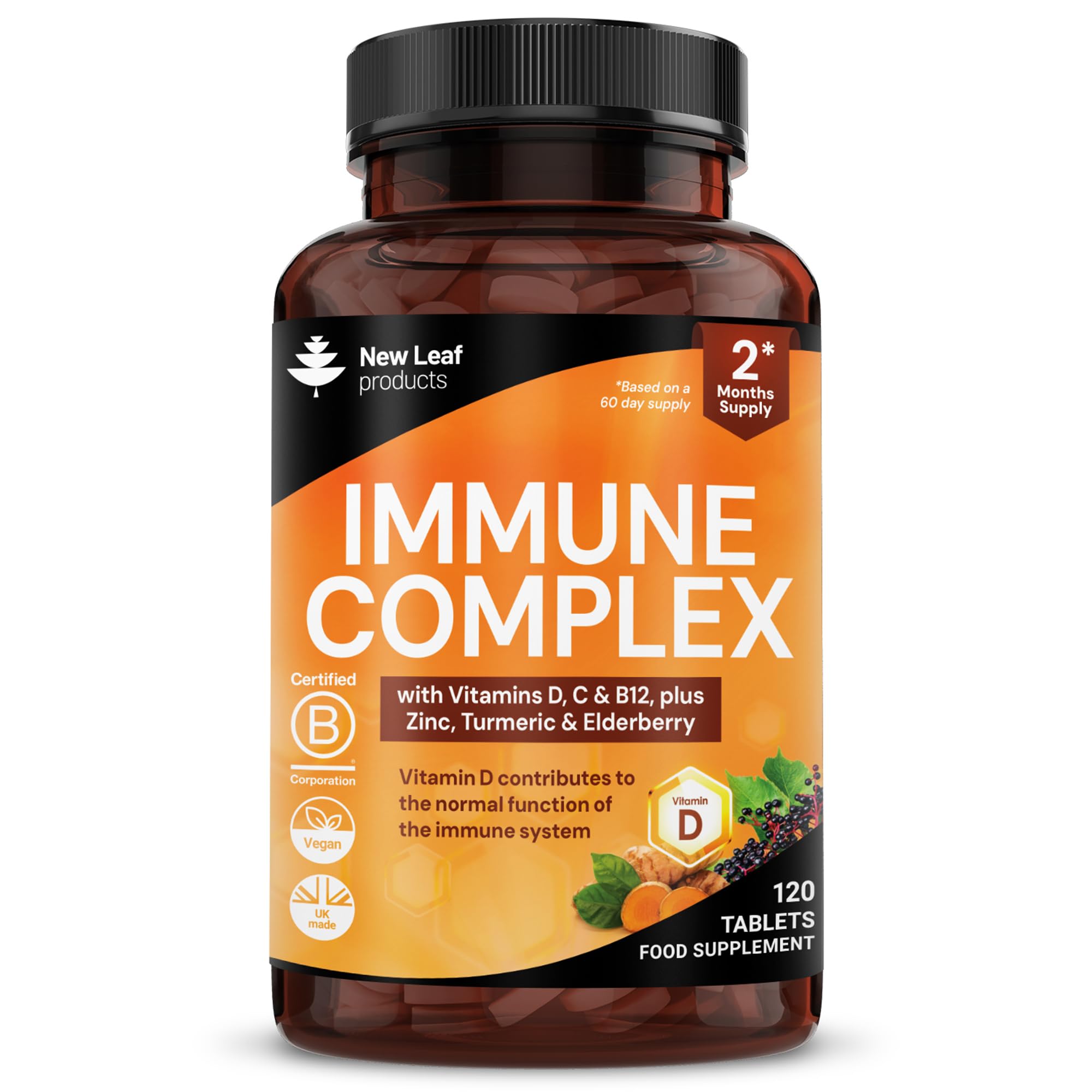 Vitamin D3 Immune Booster Complex - with Vitamins D,C, B12, Zinc, Turmeric & Elderberry - Immune Support - Made in The UK - Immunity Booster by New Leaf 120 Tablets