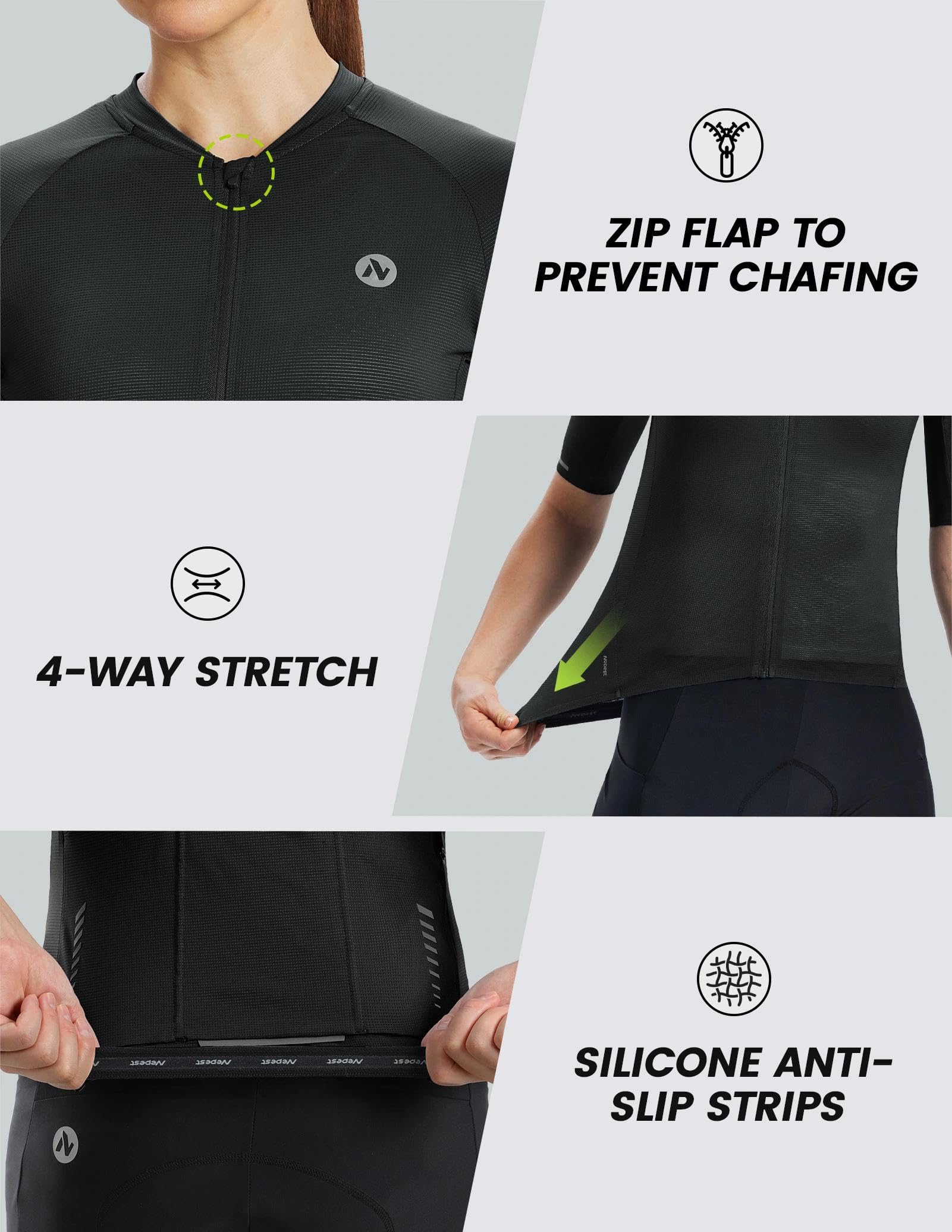 Nepest Fahrradtrikot Damen Kurzarm, 4 Taschen, Mesh-Gewebe | Fahrradbekleidung Damen, 4-Wege-Stretch,Atmungsaktiv,Leicht,Elastisch,Reflektierende, Schnelltrocknend,Rennrad Trikot