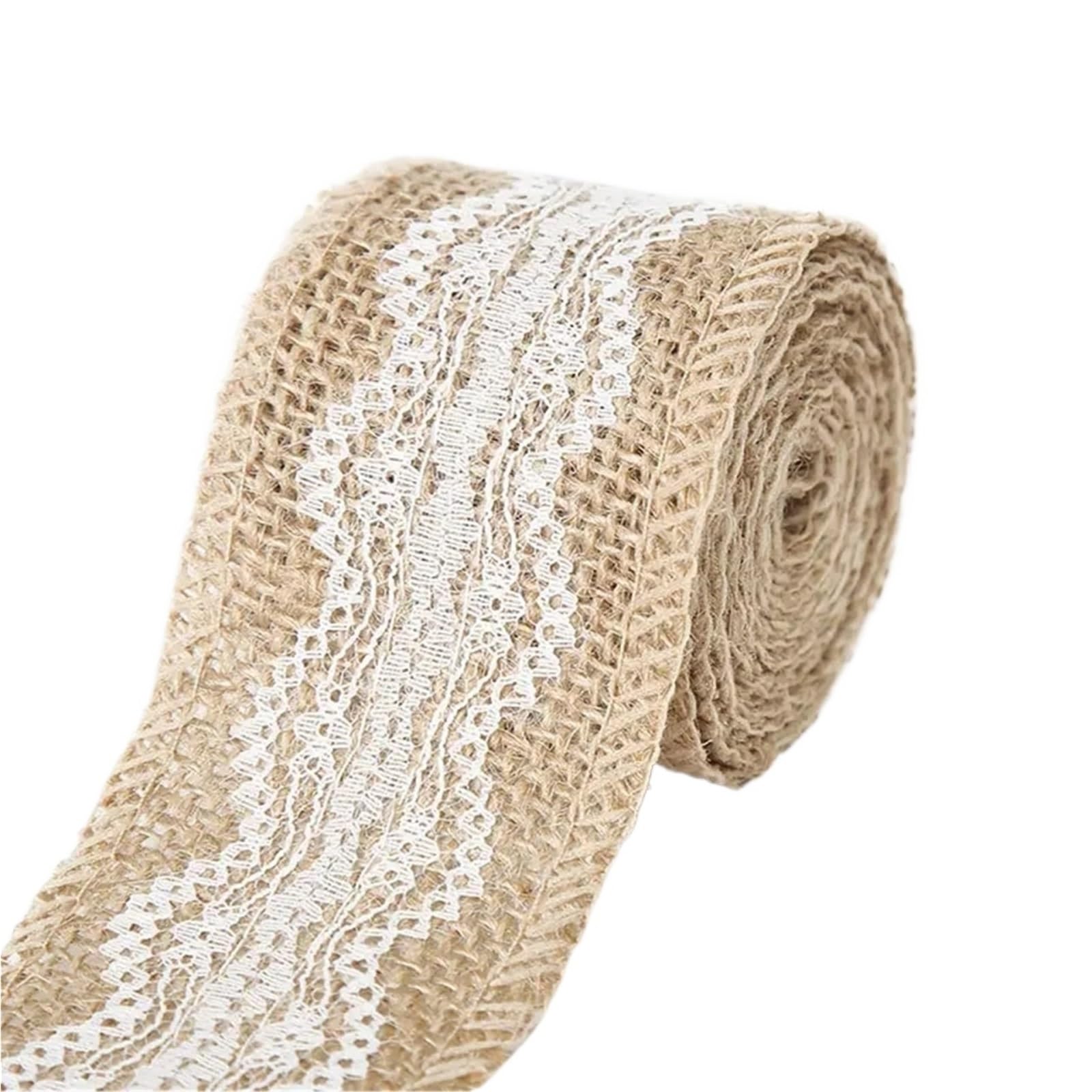 Burlap Fabric Roll 2M 5CM Natural Jute Burlap Rolls Hessian Ribbon with Lace Vintage Rustic Wedding Decor Ornament Party DIY Craft Supplies(Type7)