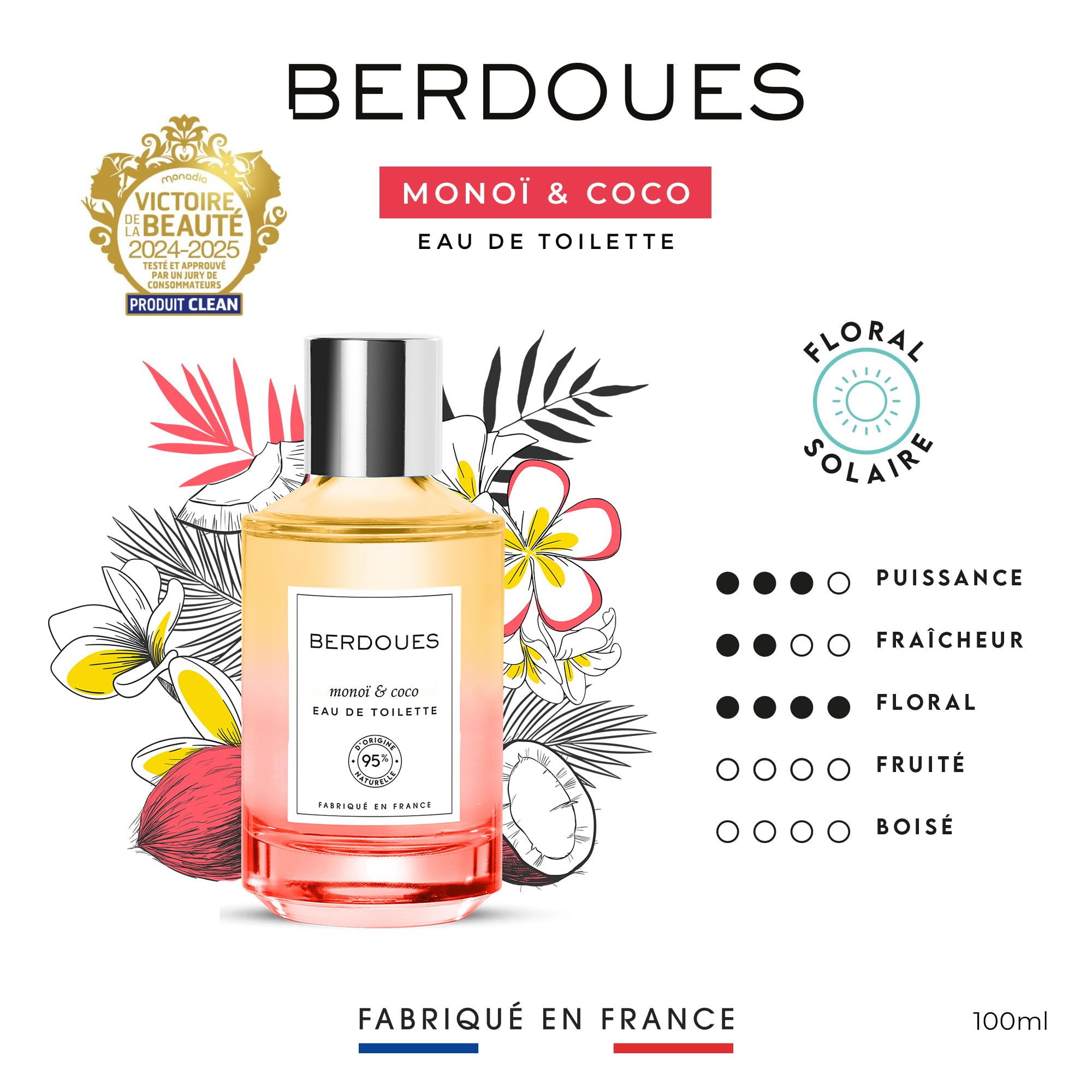 BERDOUES Monoi i Coco Woda toaletowa, Zmysłowa i słoneczna, Made in France, wegańska, bez barwników, perfumy damskie, Coco, Cytryna i Brus, butelka, 100 ml
