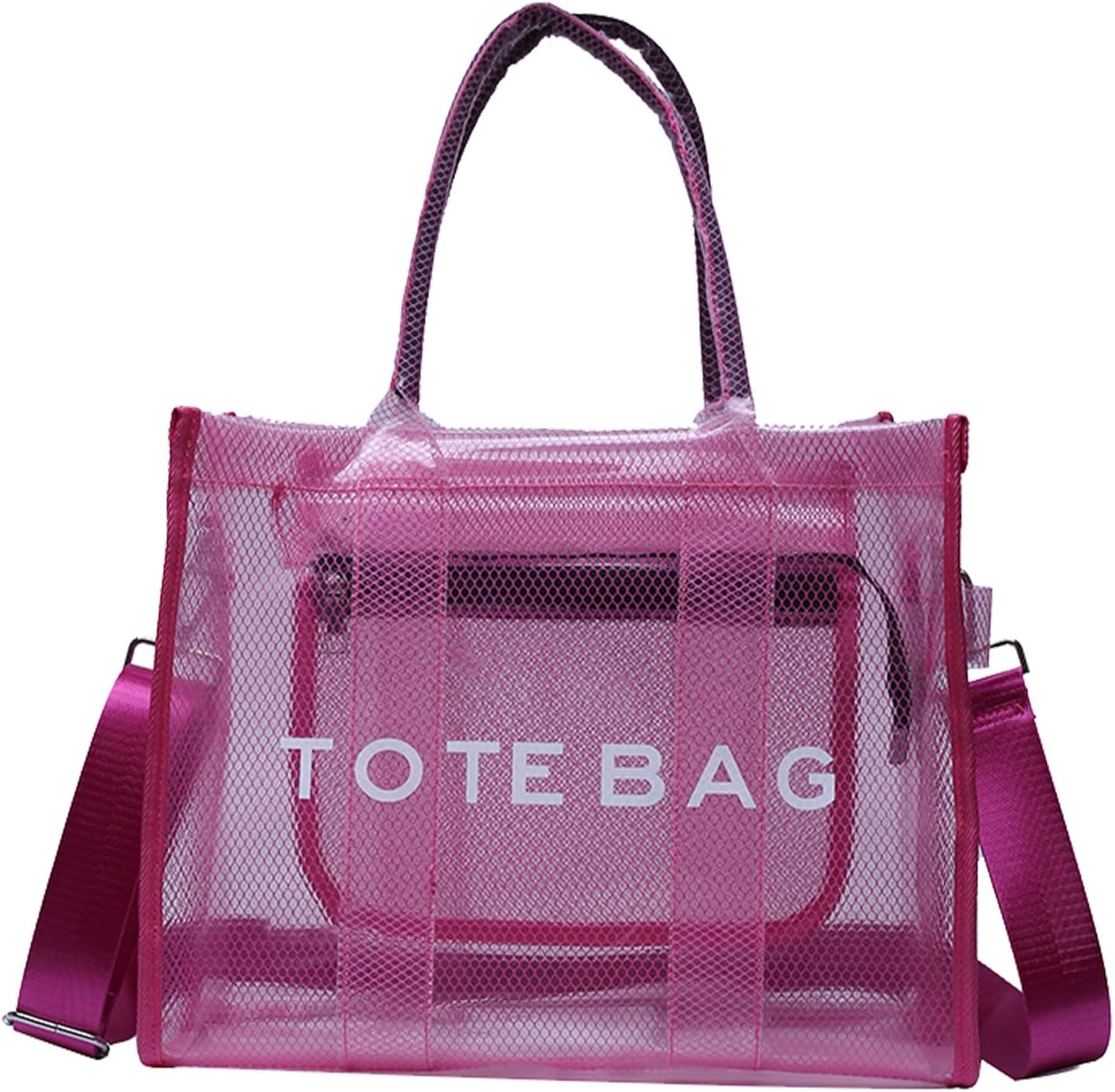 WREWING Clear Tote Bag for Women, Large Mesh Beach Bag, PVC Clear Crossbody Bags with Zipper, Stadium Bag for Travel Sports