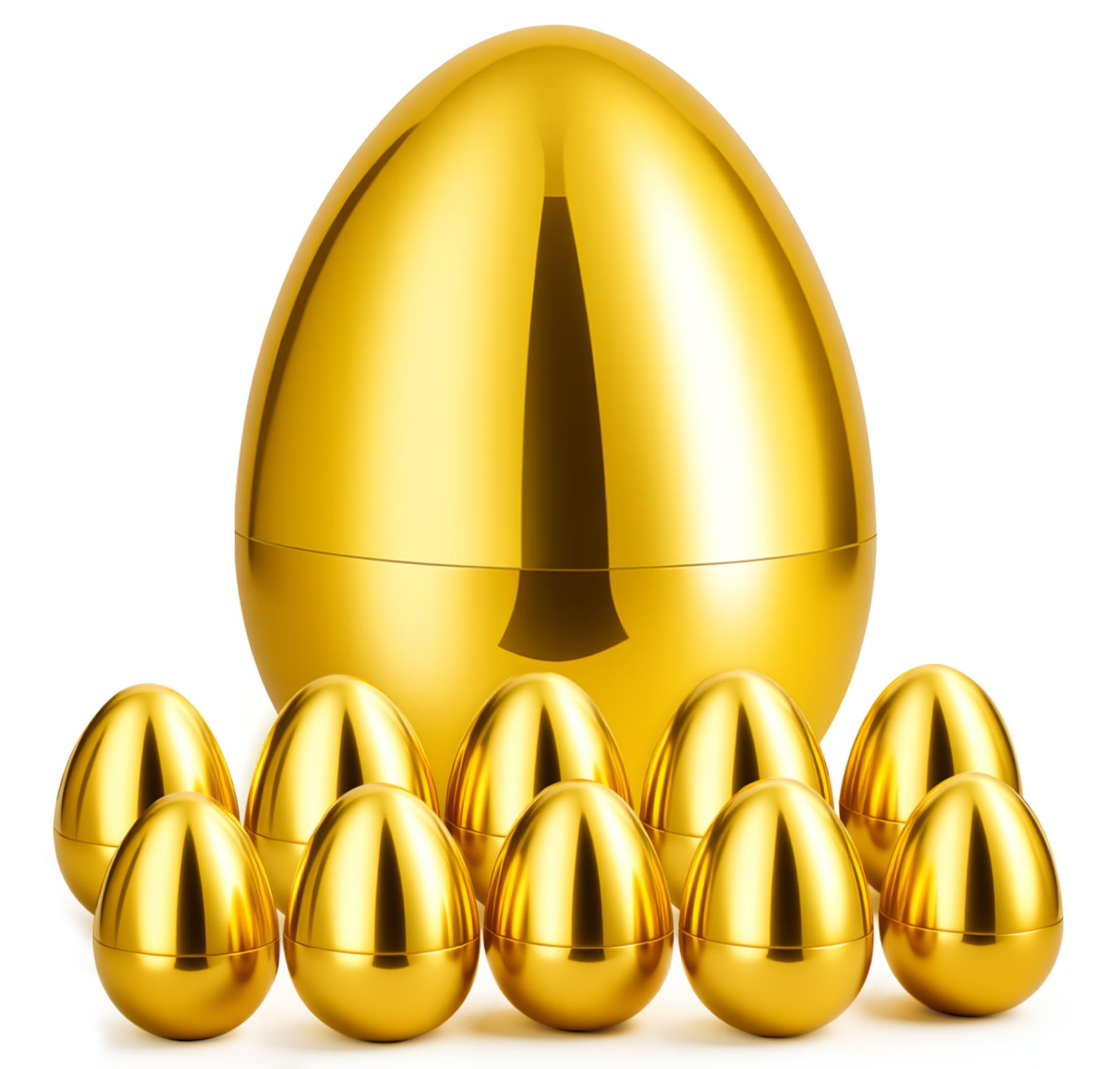View 1 of 10" x 7" Jumbo Giant Golden Easter Eggs Large 1Pcs Includes 10Pcs 4.2"x3.1" Fillable Gold Eggs Plastic Empty for Easter Egg Hunt, Basket Stuffers, Party Favors & Holiday Decorations