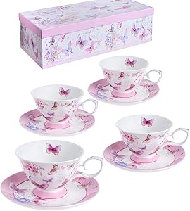 [コーヒーカップセット,London Boutique Coffee Tea cup and Saucer set 4 Shabby Chic Vintage porcelain Bird Butterfly Flora Gift Box (Butterflies)] (並行輸入品)