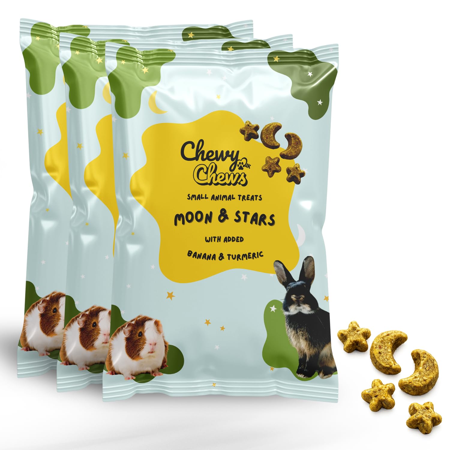 ChewyChewsUK | Banana Turmeric | Small Hay Based Animal Snacks for Rabbits Guinea Pig Hamster Gerbil Chinchilla Chews Grain Free High Fibre Bunny Food Forage Boredom Breaker (1 Month Supply Pack of 3)