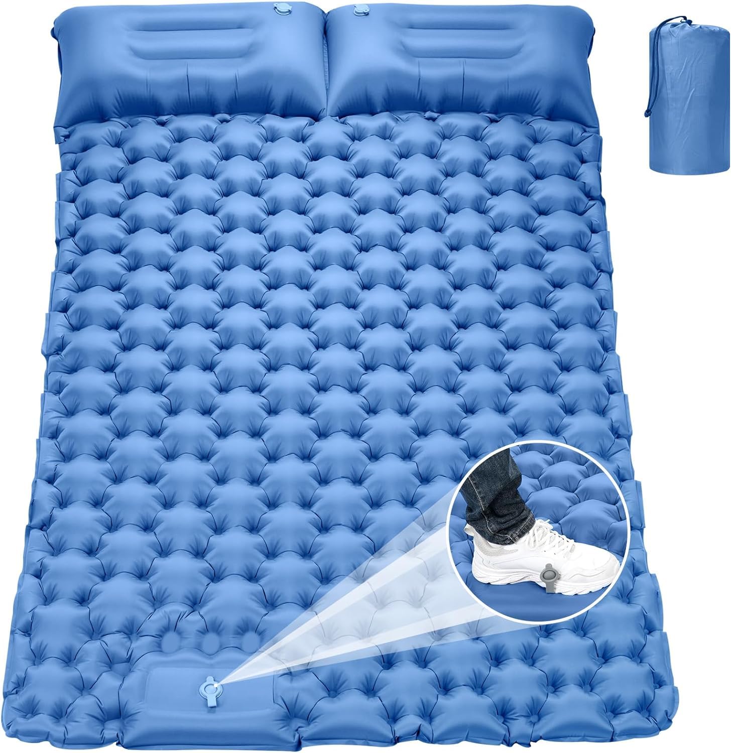 Wawasia Double Camping Mat Inflatable Camping Mattress Ultralight Sleeping Mat with Built-in Pump, Large Self Inflating Camping Sleeping Mat with Pillow, Tent Air Mattress (Navy Blue)