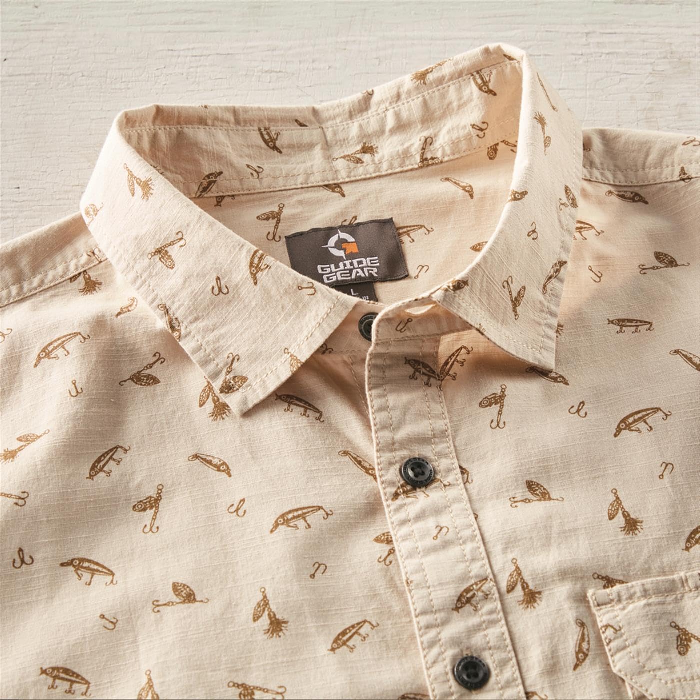 Guide Gear Men's Crankbait Print Short Sleeve Button Up Shirt; for Casual Fishing