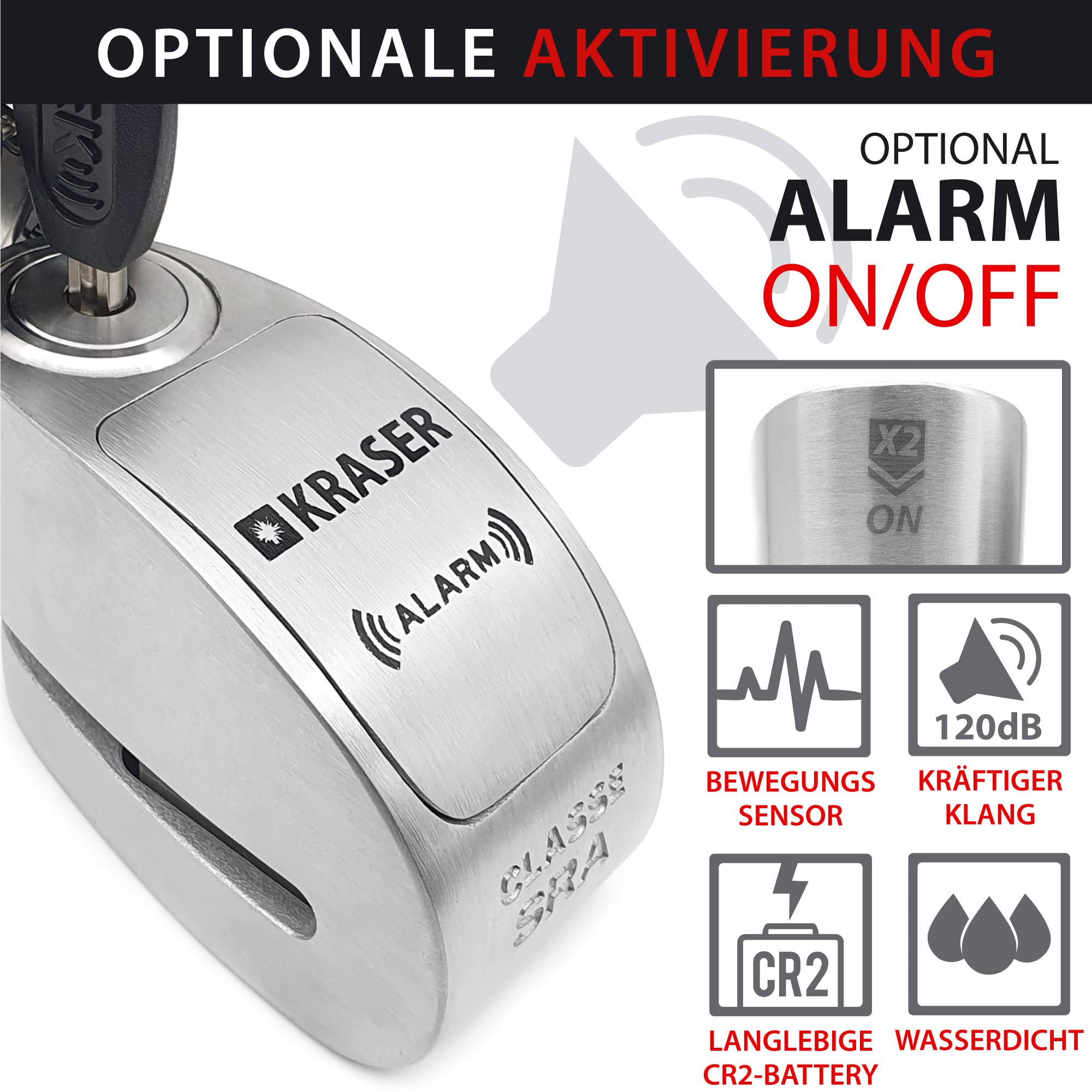 KRASER KR14S Bremsscheibenschloss Alarm für Motorrad, Roller, Motorradschloss Bremsscheibenschloss mit Zulassung Hohe Sicherheit, Motorradschloss mit Alarm Motorrad Schloss Bremsscheibe, 14mm