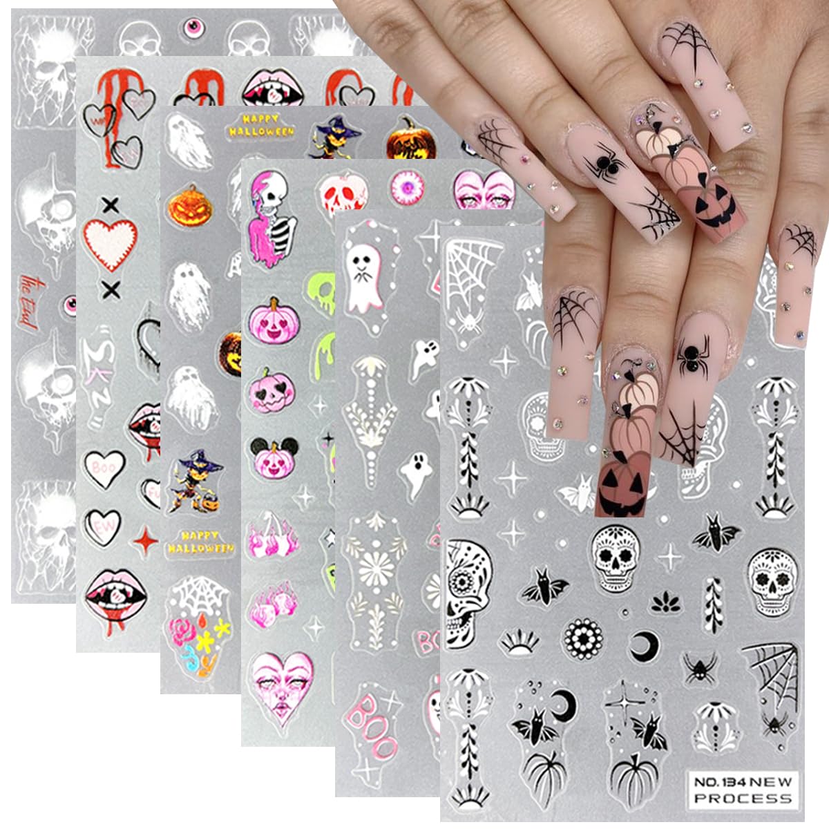6 Sheets Halloween Nail Stickers 5D Embossed Gothic Nail Decals Horror Skull Ghost Blood Pumpkin Star Moon Heart Nail Art Design Sticker for Halloween Nail Art Accessories Manicure Decorations
