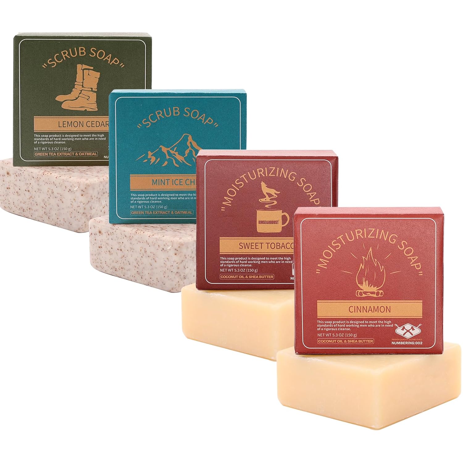 Rinse & Robust Mens Bar Soap Cleansing Bar Moisturizing & Exfoliating Scrub Soap Gift Set for Men | 4 in 1 Face Body Hand Beard Wash | Cinnamon, Lemon Cedar, Mint Ice Chips, Tobacco | 5.3 oz of 4 Bars