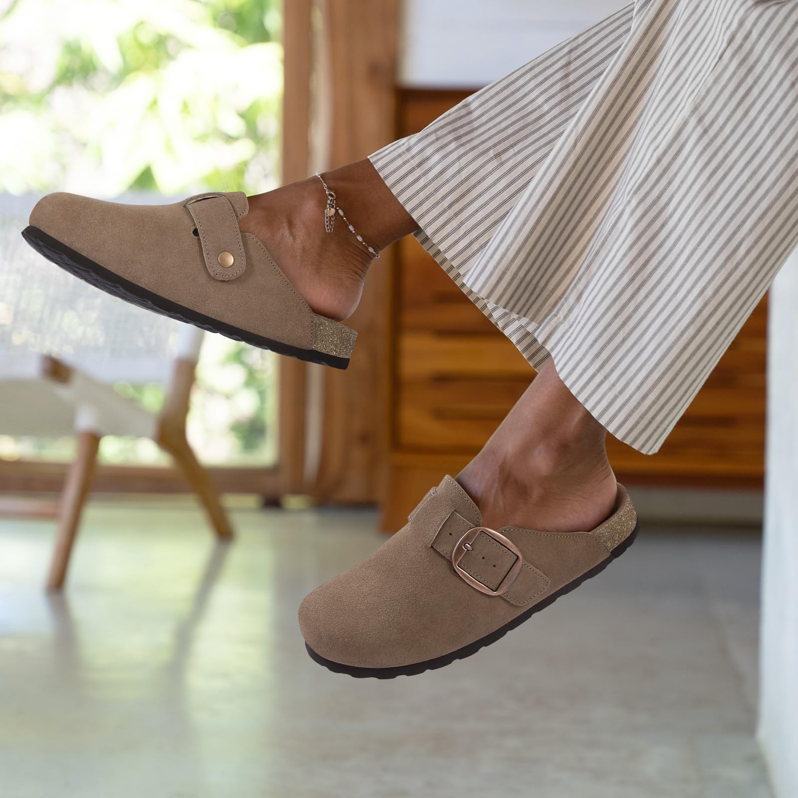 KIDMI Genuine Suede Clogs for Women Memory Foam Cork Footbed Potato Shoes Slip On Leather Mules with Big Buckle