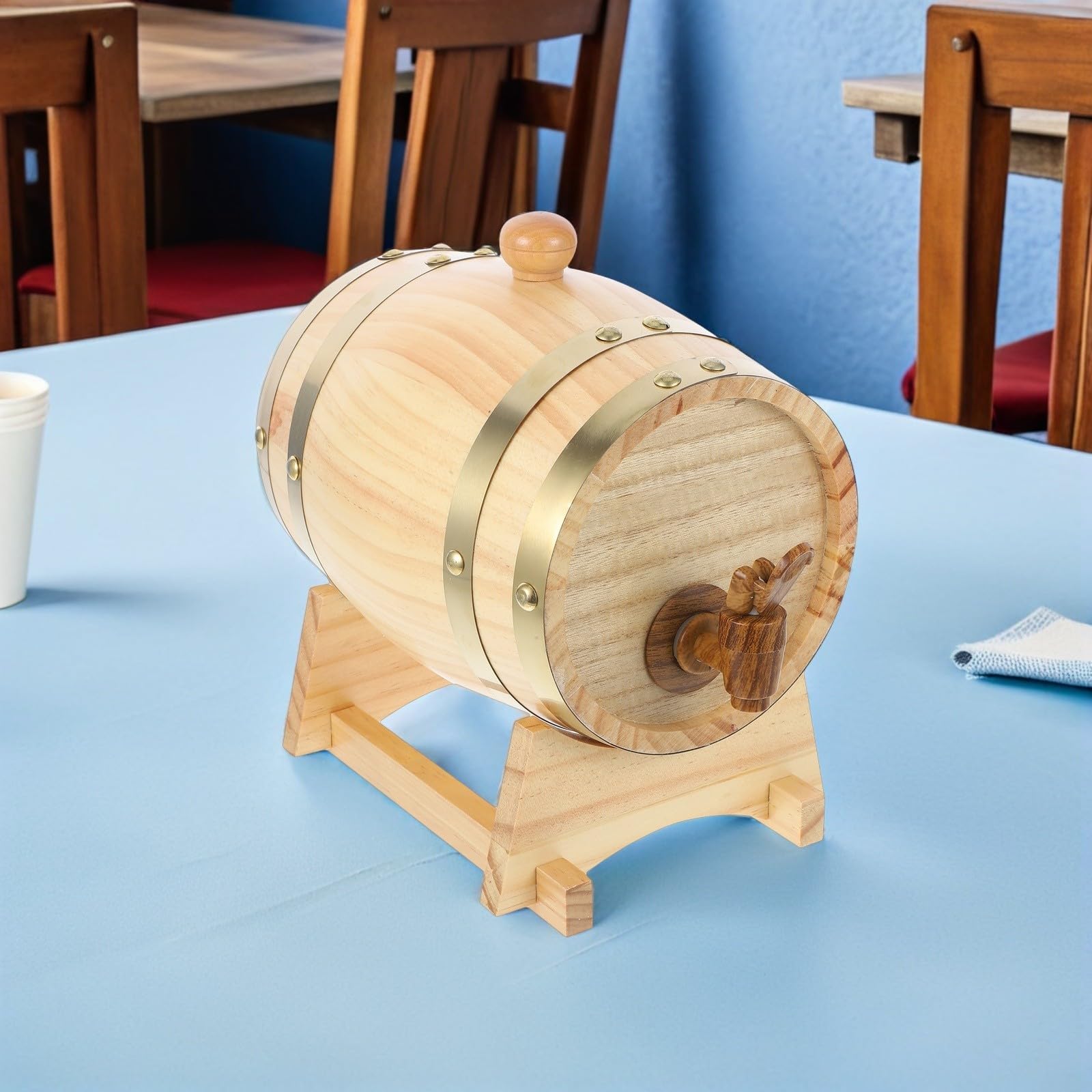 Schnapsfass mit Breiter Basis zur Aromakonservierung mit Zapfhahn und Ständer 3 Liter Holzfass im Vintage Look für Wein und Saft in Gastronomie und Zuhause