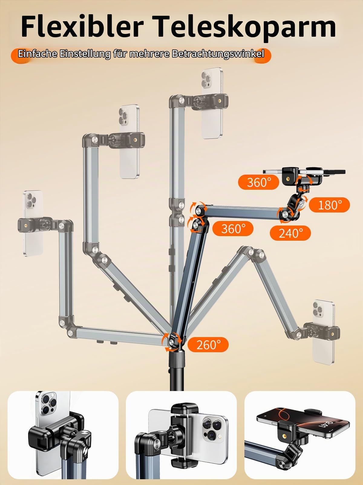 Handy Stativ Bodenständer mit Arm,Handyhalter Bett flexibel & stabil,360° Drehbar Höhenverstellbar,Overhead Handy Halterung für Videoaufnahme,Kompatibel mit iPhone 17/16 Samsung Android