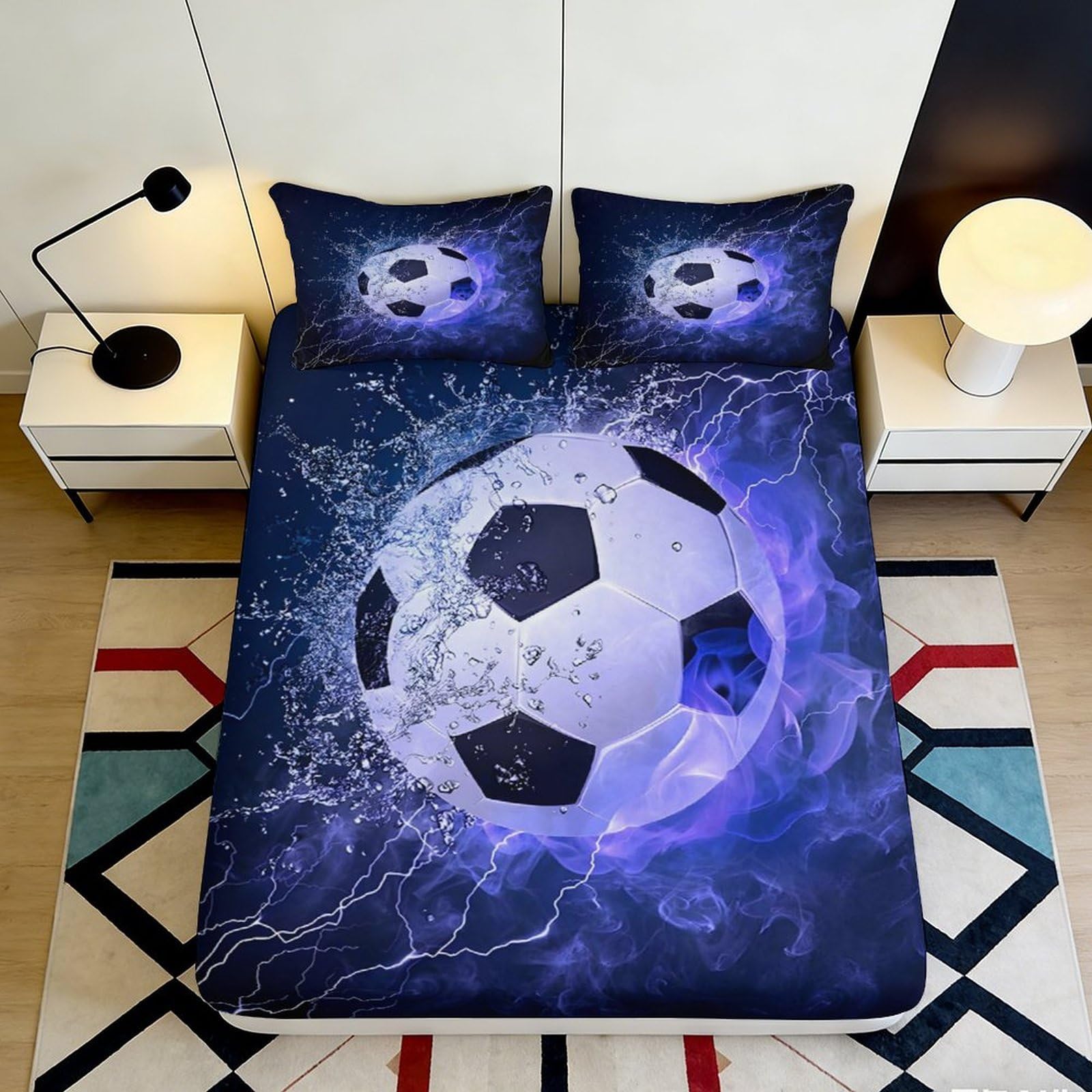 3D Printed Blue Splash Soccer Fitted Sheet Microfiber Soft Washable Football Mattress Cover for Bedroom Guestroom Dorm 90x200x25cm