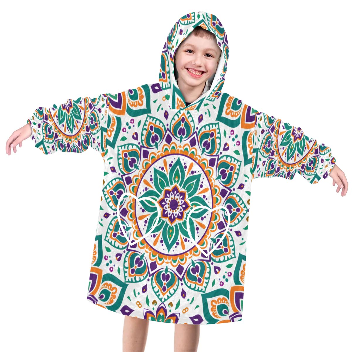 Wearable Blanket Hoodie for Kids, Ethnic Mandala Fleece Sweatshirt Blanket Oversized Blanket Sweatshirt with Pocket Flannel Warm Hooded Blanket 6-10 Year Old Girl Boy Gift, One Size