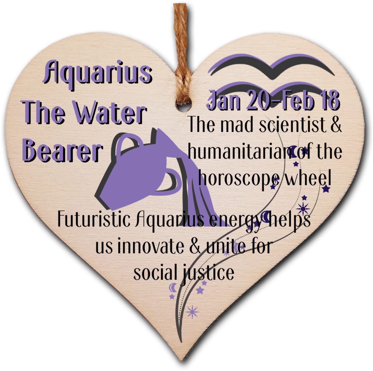 Handmade Wooden Hanging Heart Plaque Gift Signs of the Zodiac Aquarius Astrologi