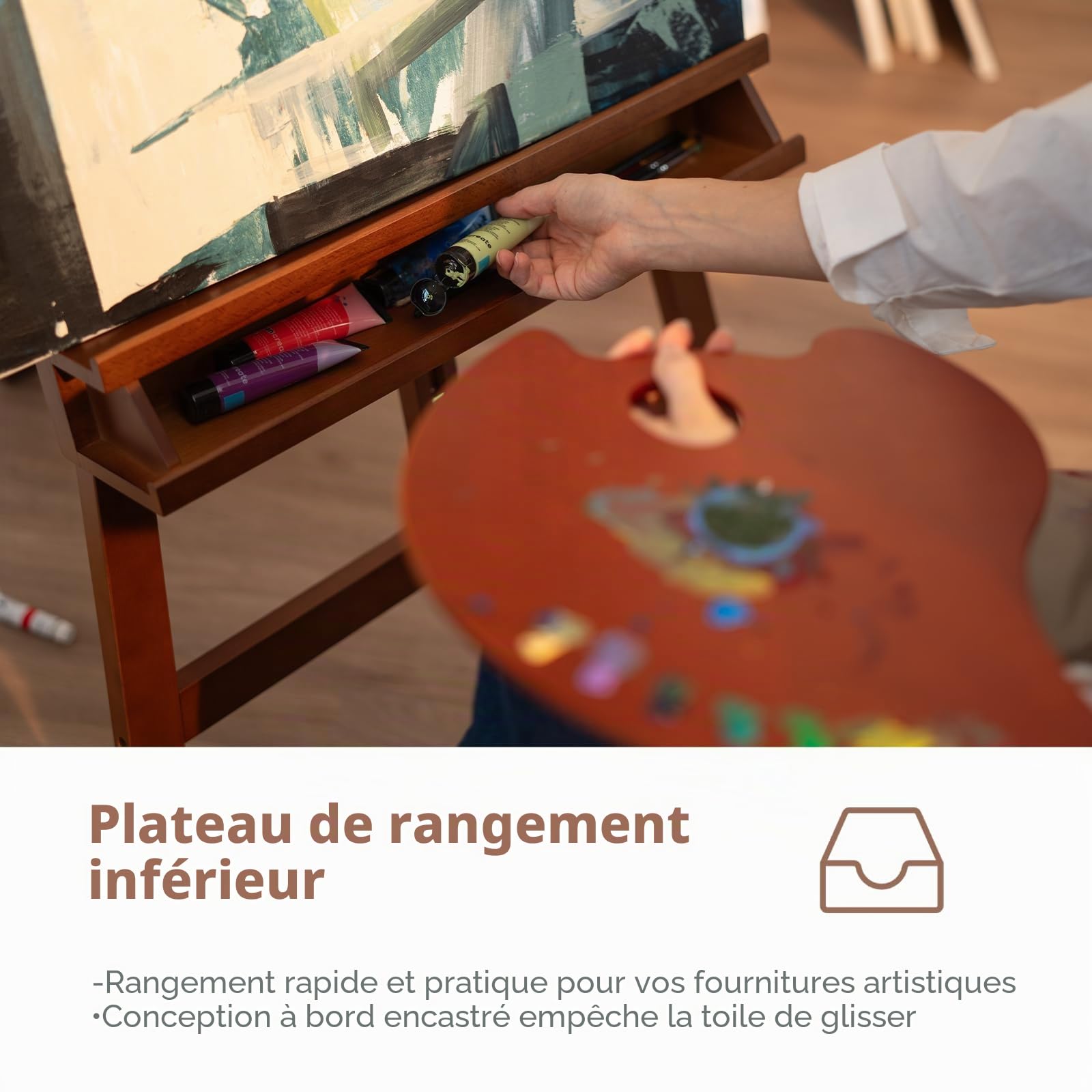 DJAR Chevalet d'Atelier en Cadre A, Grand Chevalet de Sol Réglable en Bois de Hêtre avec Plateau de Rangement, Pour Toiles jusqu'à 124 cm, Finition Noyer