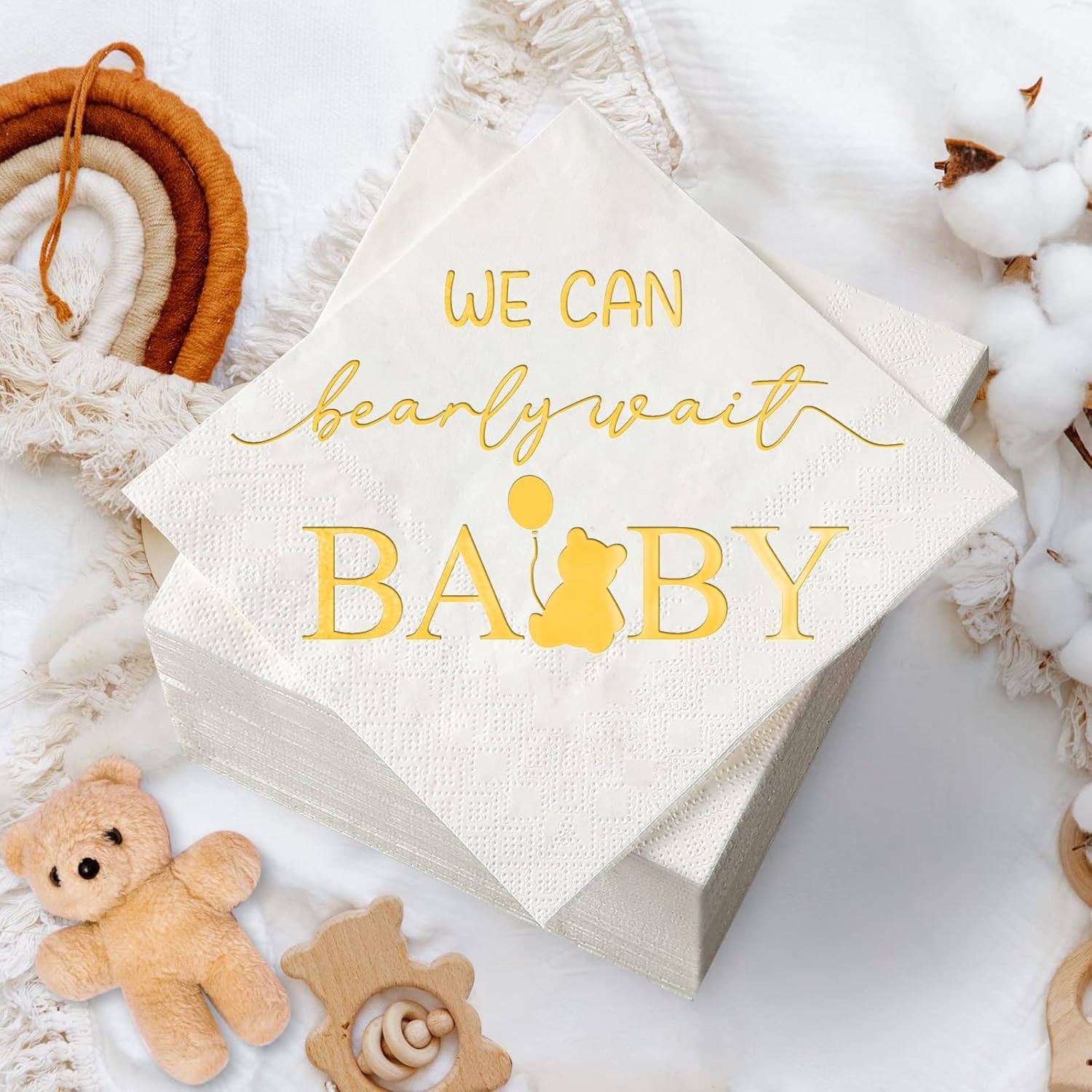 200 PCS We Can Bearly Wait Baby Napkins, Gold Baby Shower