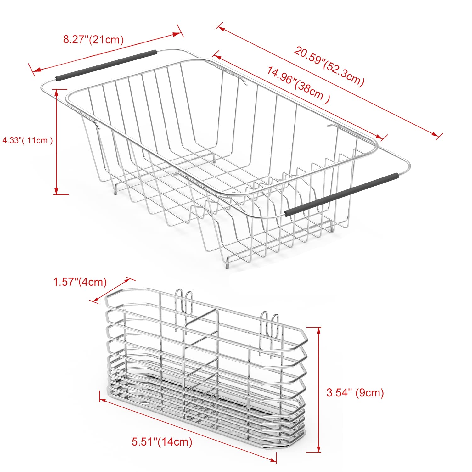 JAQ Small Dish Drying Rack in Sink Adjustable 14.96 to 20.59'', Expandable 304 Stainless Steel Metal Dish Drainer Rack Organizer with Stainless Steel Utensil Holder Over Sink Counter (for 1-2 People)