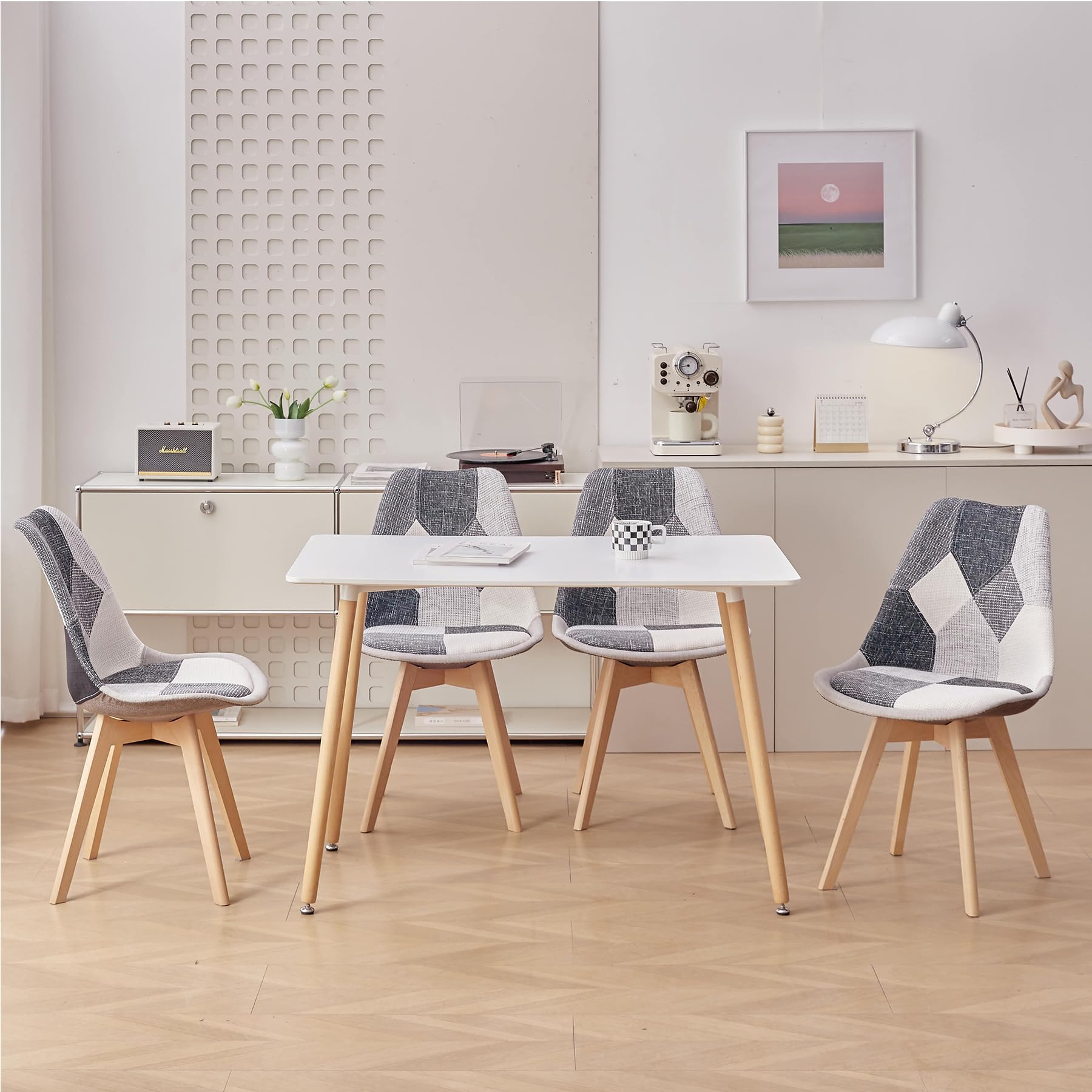 HJhomeheart Set di 6 Sedie da Pranzo in Tessuto Patchwork con Cuscino del Sedile e Gambe in Legno Massello per Sala da Pranzo, Soggiorno, Cucina, ecc. (Grigio Patchwork)