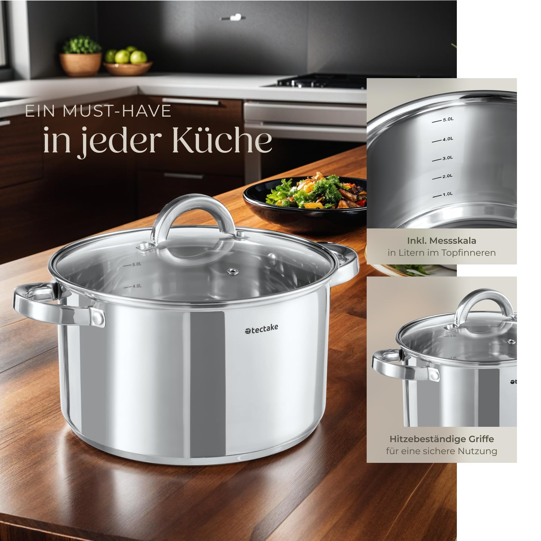 tectake® 15-tlg. Topfset, Edelstahl Kochgeschirr, Bratpfanne und Töpfe Set mit Deckel, Kochtopf Set für Induktionskochfeld, Gas- und Elektroherd geeignet, Topfsets für Camping und Wohnung, Küchensets