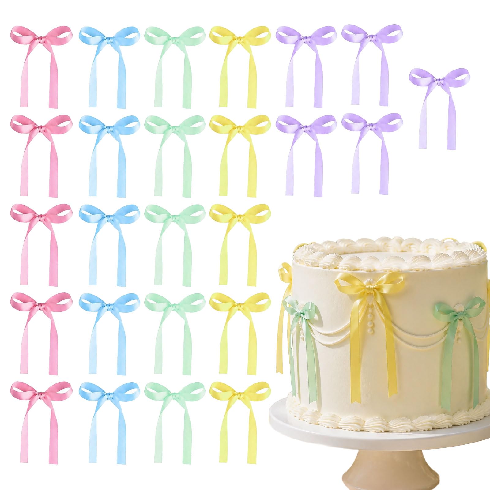 Velvoria 30 Piece Bows, Pastel Bow Cake Toppers for Cakes, Cupcakes, Baby Shower, Wedding, Birthday, Hen Party, Balloon Wall Decoration