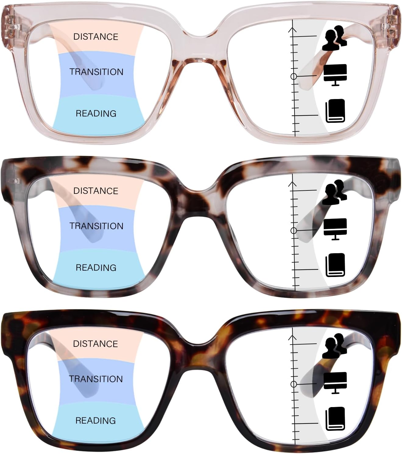 OPTOFENDY Progressive Multifocus Reading Glasses for Women Oversized Blue Light Blocking Oprah Style Computer Readers