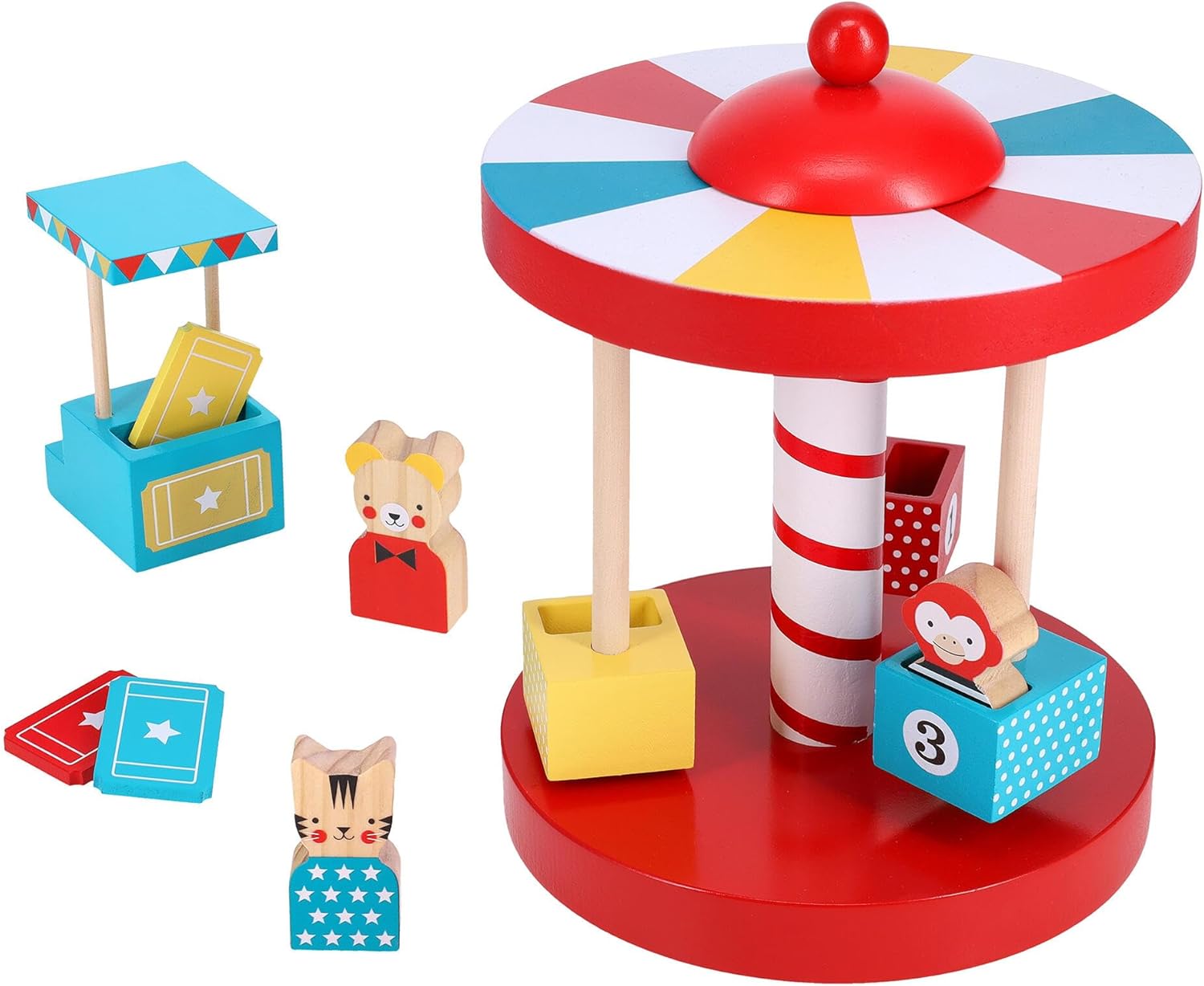Petit Collage: Merry-Go-Round Wooden Carousel – FSC Wood Toy for Toddlers – Includes Ticket Booth, 3 Animal Figures & Tickets – Hand‑Spin Carousel for Imaginative Play & Nursery Décor – For Ages 2+