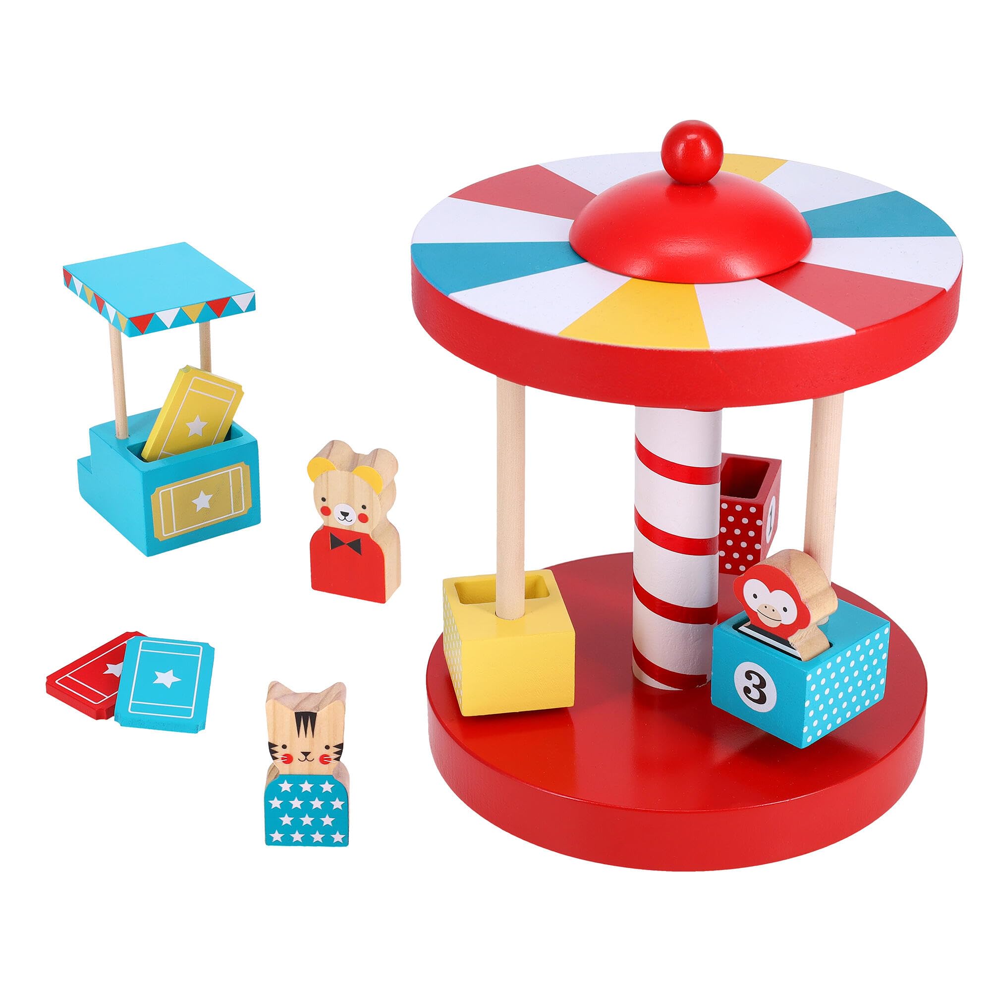 Petit Collage: Merry-Go-Round Wooden Carousel - FSC Wood Toy for Toddlers – Includes Ticket Booth, 3 Animal Figures & Tickets – Hand‑Spin Carousel for Imaginative Play & Nursery Décor - For Ages 2+