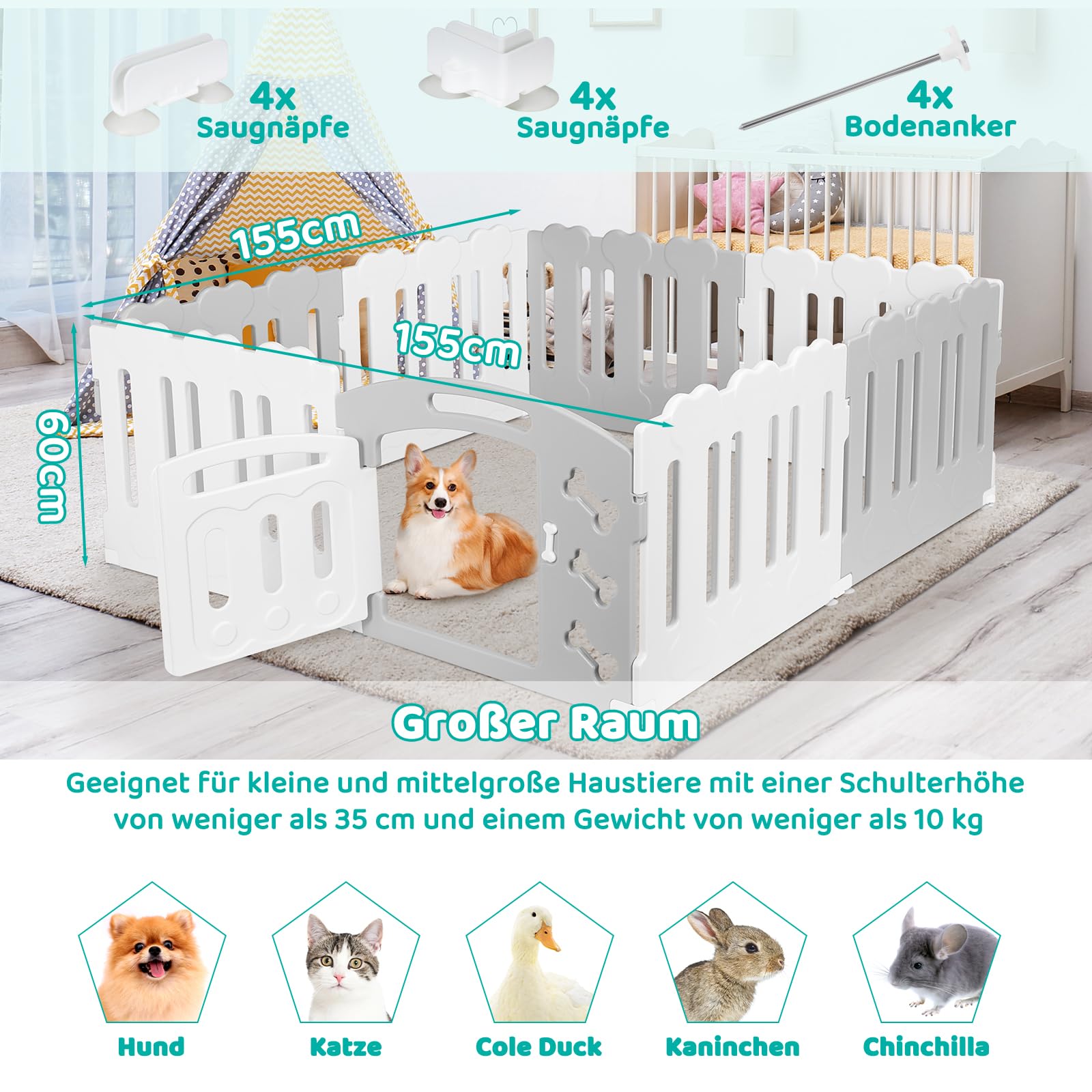 MAMIZO Recinto per Cani Interno Esterno alto 60cm, Box Cani 7+1 PCS Pannelli, Recinzione Gatti Pieghevole, Recinto Gatti in Plastica con Cancello, Incluse Ventose e Ancoraggi a Terra, Grigio-Bianco