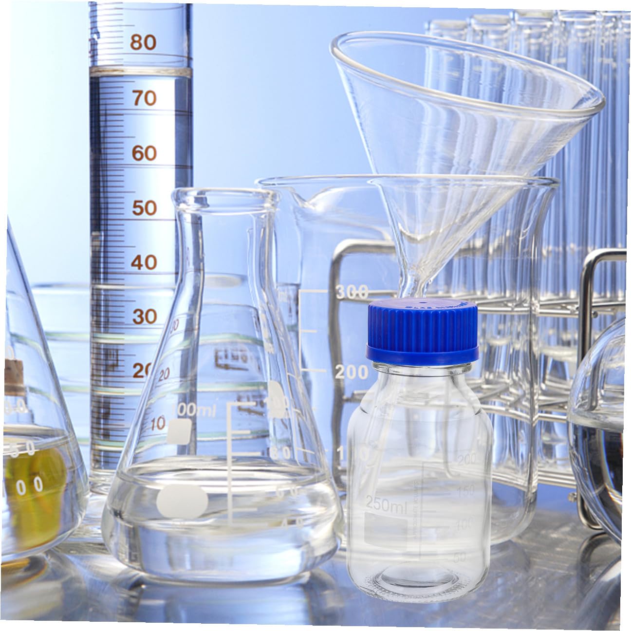 Set con Tappo a Vite Resistenti All’usura e Riutilizzabili da 4 Bottiglie Reagenti Graduati in Vetro Blu da 250ml per Laboratori Chimici