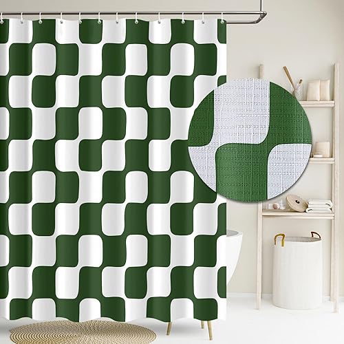 Miniatura 18 de Tititex Cortina de ducha retro de tela de lino sintético de 4.53 oz/m², con patrón de cuadrícula de ajedrez, color beige y verde salvia, juego de