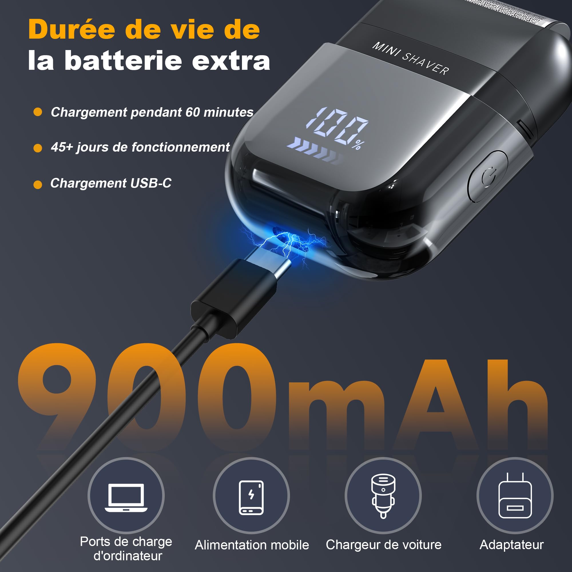 Mini Rasoir Électriques pour Hommes avec Affichage LED, Rasoir Électrique Étanche IPX7, Mini Rasoir Portable Silencieux et Lavable, Rasoir Homme