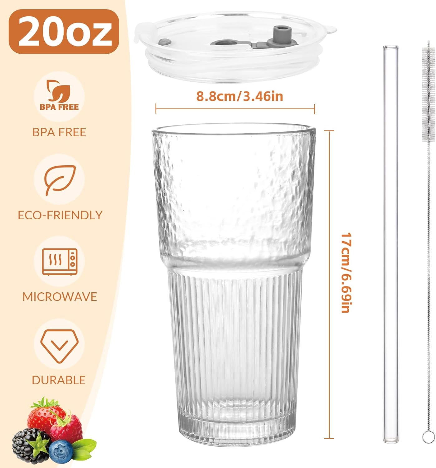 20oz Glass Tumblers with Lids and Straws,2PCS Glass Cups with Lids and Straws,Iced Coffee Cups with Lid,Drinking Glasses for Juice, Smoothies - Image 2