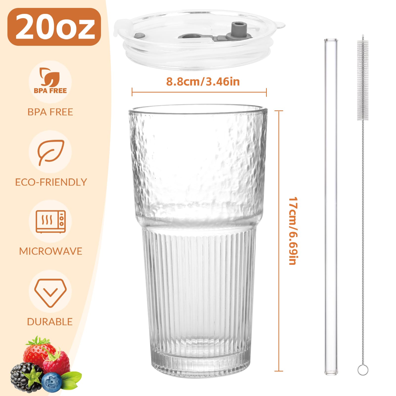 Tazas de café de vidrio acanalado de 20 onzas, 4 tazas de vidrio con tapa y popote, tazas de café helado vintage, vasos de agua para whisky, cóctel, cerveza