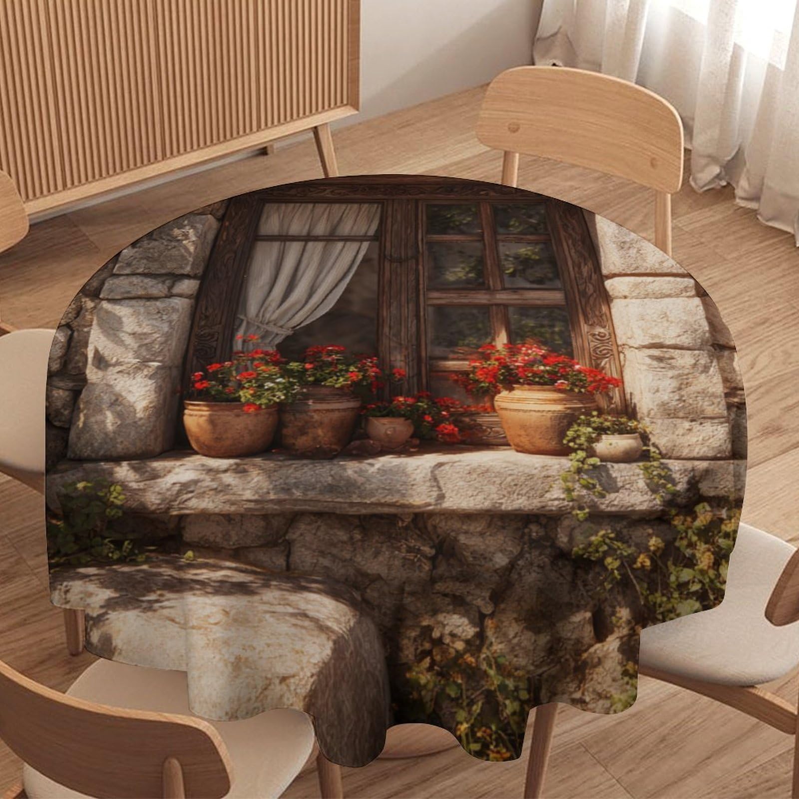 LUYYSKY Fantasy Rustic Spring Garden Round Tablecloth Fantasy Abstract Stone Wall Plant Flowers Pattern Washable Decor for Table Cover for Kitchen-127 Wx127 L cm