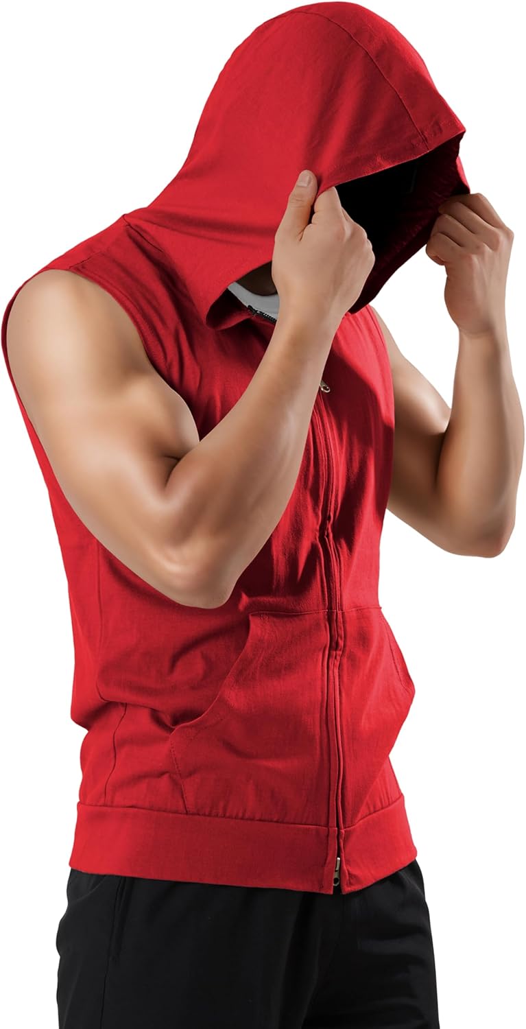 Ohoo Men's Slim Fit Workout Hooded Tank Tops Two Way Zip Up Sleeveless Gym Shirts Bodybuilding Hoodies 100% Cotton - Image 4