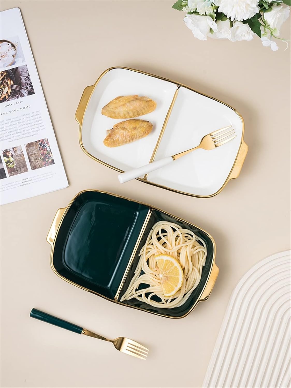Weight Management Tableware - 2 Grids Divided Plate with Grip Electroplating Gold Edge Design Breakfast Plate - Portion Control Plates for Weight Loss for Adults Dishwasher Safe (Color : White)