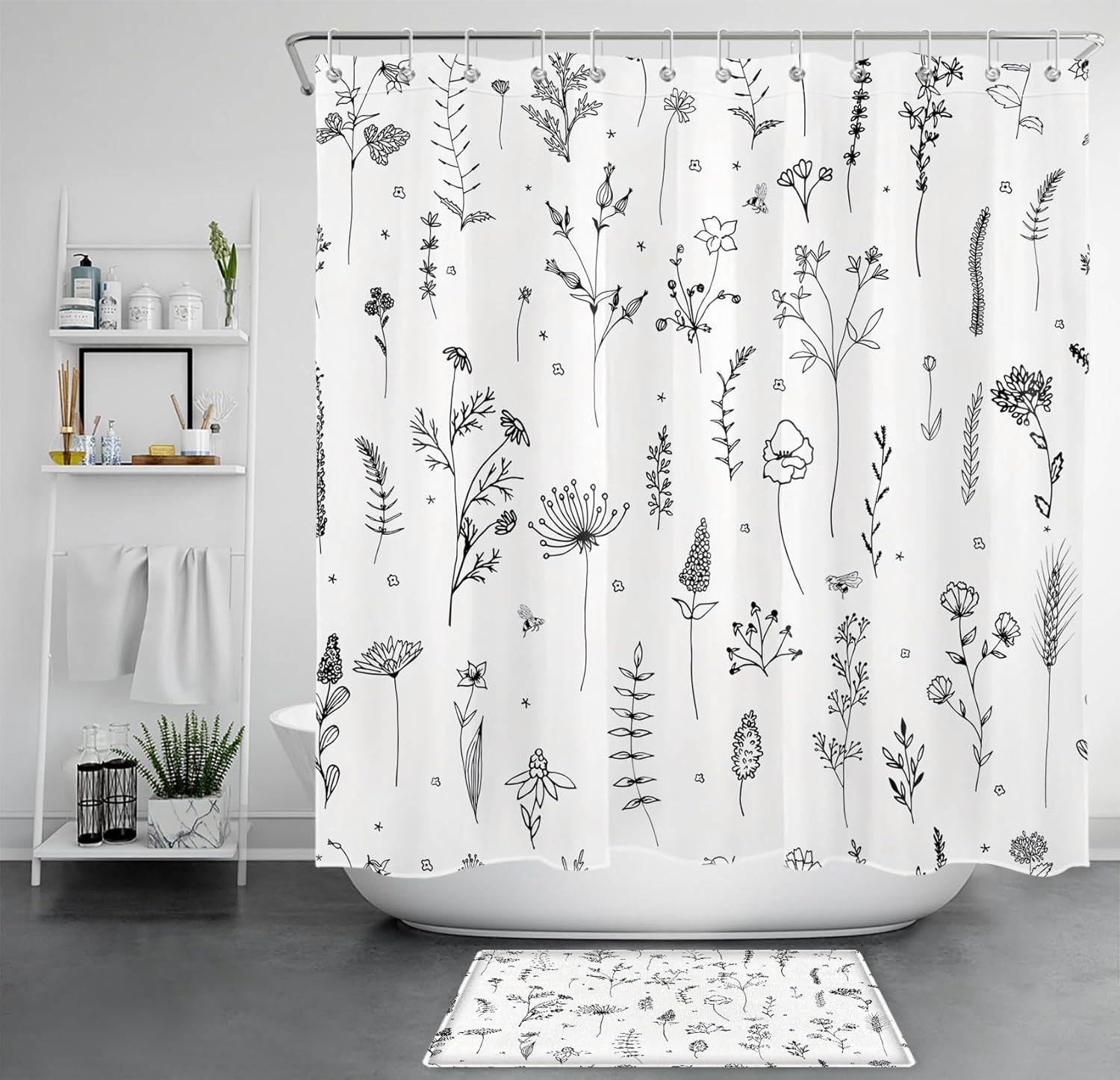 Country Wildflower Shower Curtain Sets with Rugs,Black and White Floral with Leaf Plant Shower Curtain Modern Aesthetic Polyester Fabric Bathroom Curtains Shower Set,70L X 70W inches