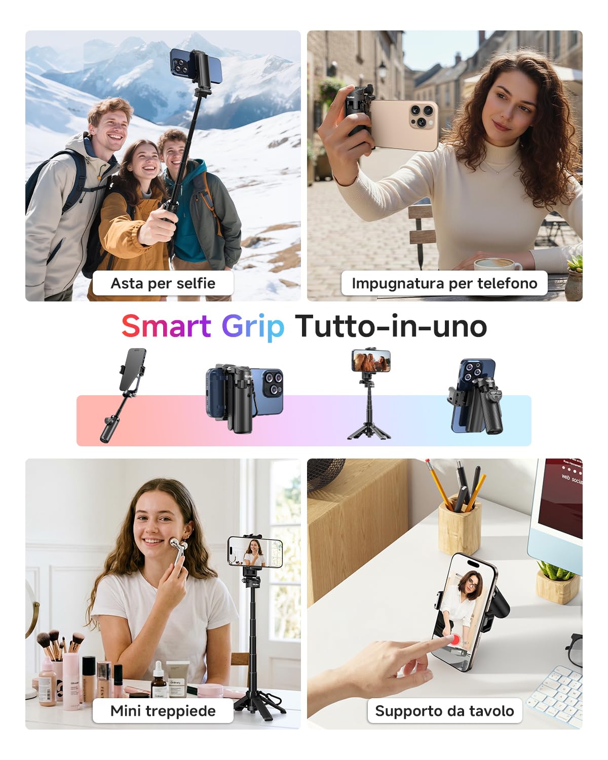 Rollei Treppiede Smartphone Easy Creator SmartGrip 3-in-1 Bastone Selfie Estensibile con Telecomando Selfiestick Portatile con 2 Attacchi Cold Shoe, Treppiede-Smartphone-Cavalletto-Bastone-Selfie