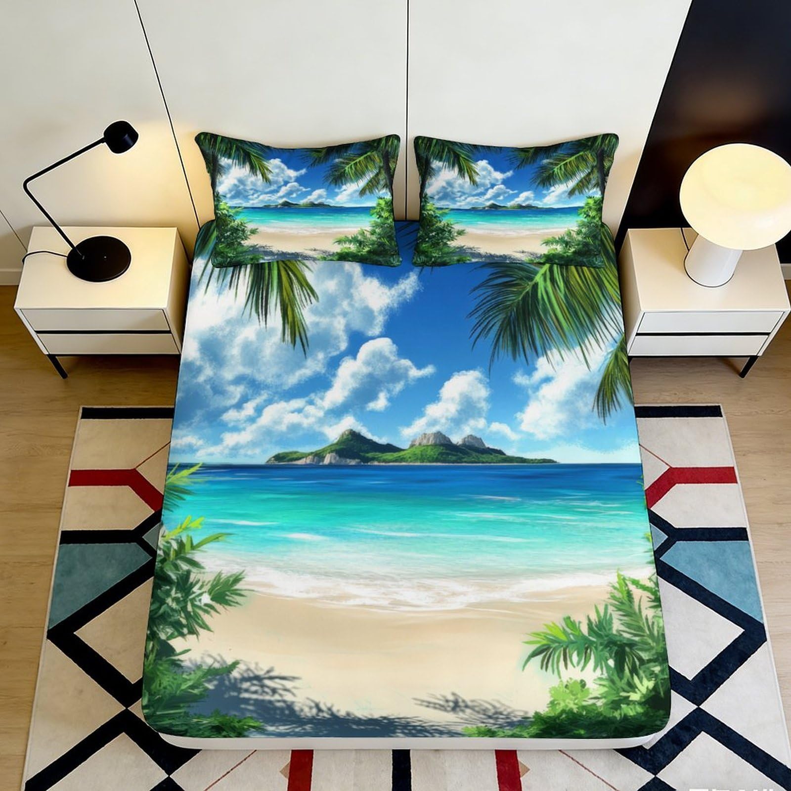 3D Printed Tropical Beach Island Fitted Sheet Microfiber Soft Mattress Cover Ocean View Bed Decor for Bedroom Guest Room 90x200x25cm