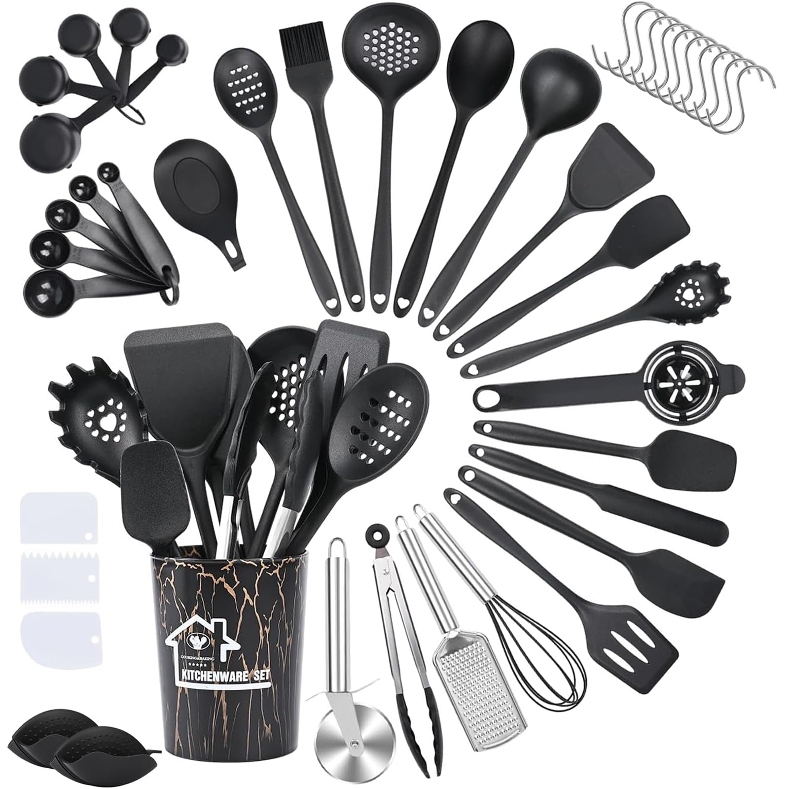 Binnan Utensili da Cucina in Silicone, 44 Pezzi Utensili da Cucina con Secchio Portaoggetti, Resistente al Calore Antiaderenti, Lavabile in Lavastoviglie (Nero)